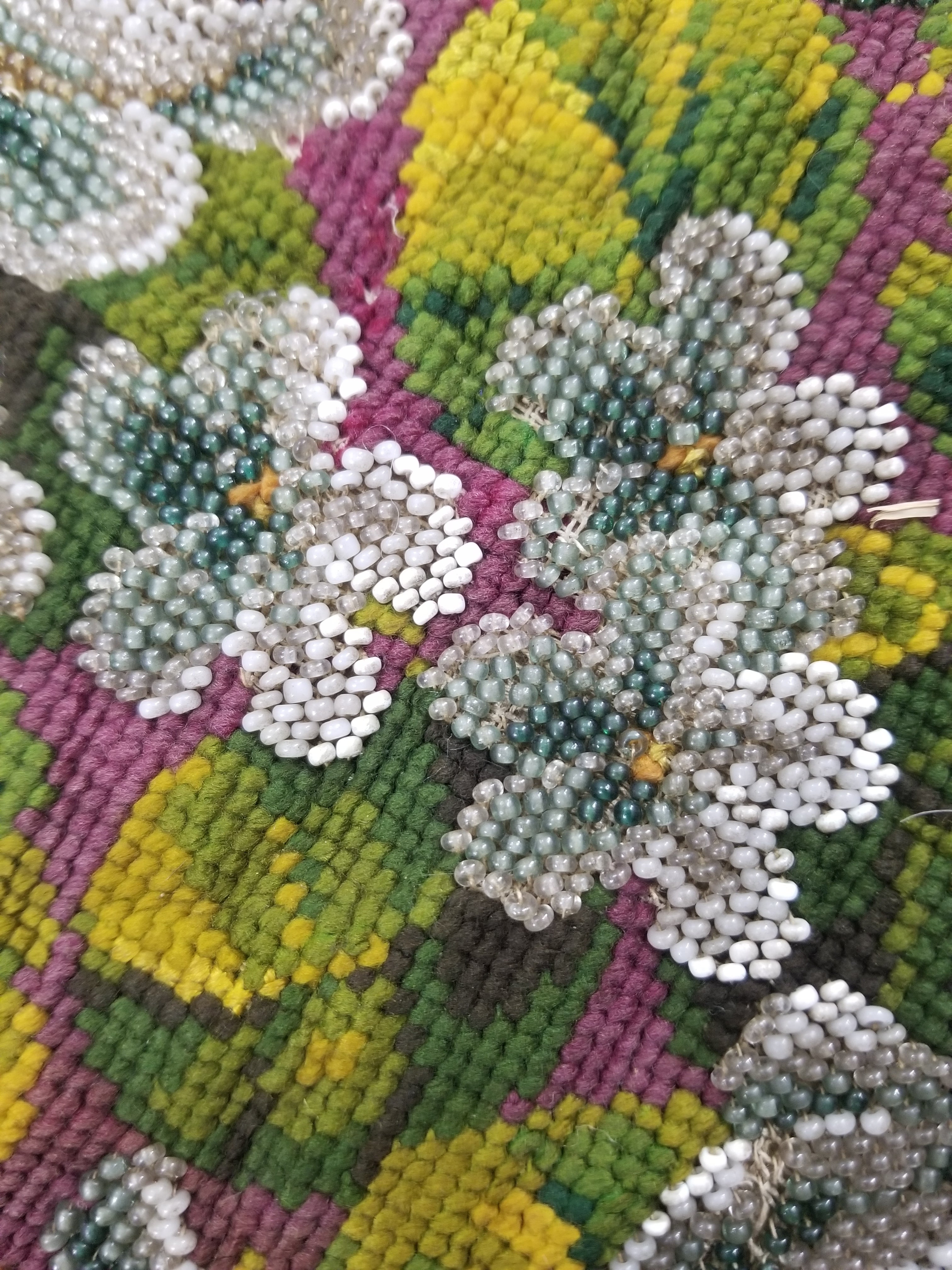 Antique Victorian Needlepoint Beaded Floral Tapestry 45x37cm