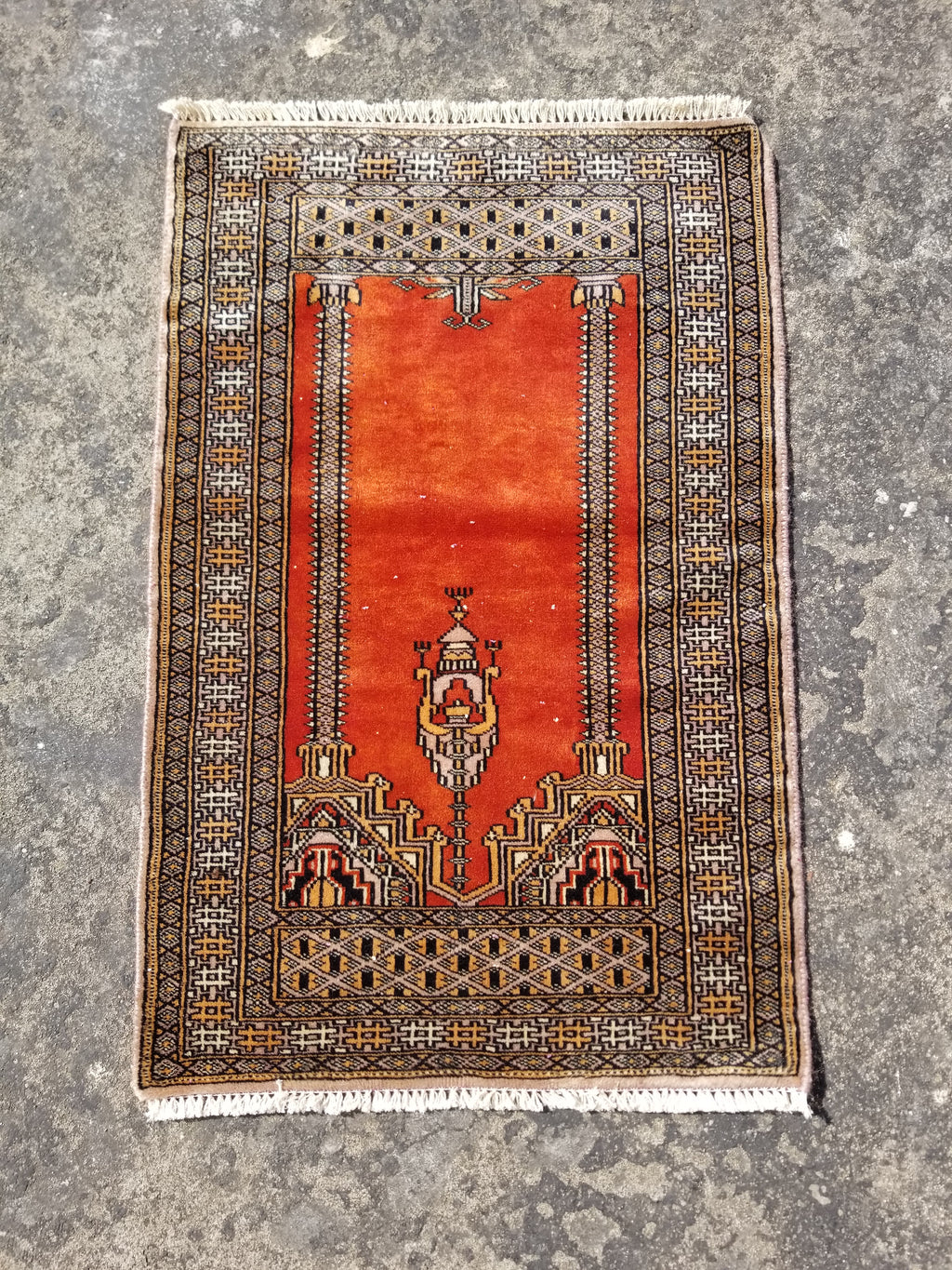 Vintage Traditional Handmade Oriental Wool Brown & Gold Prayer Rug 91x60cm