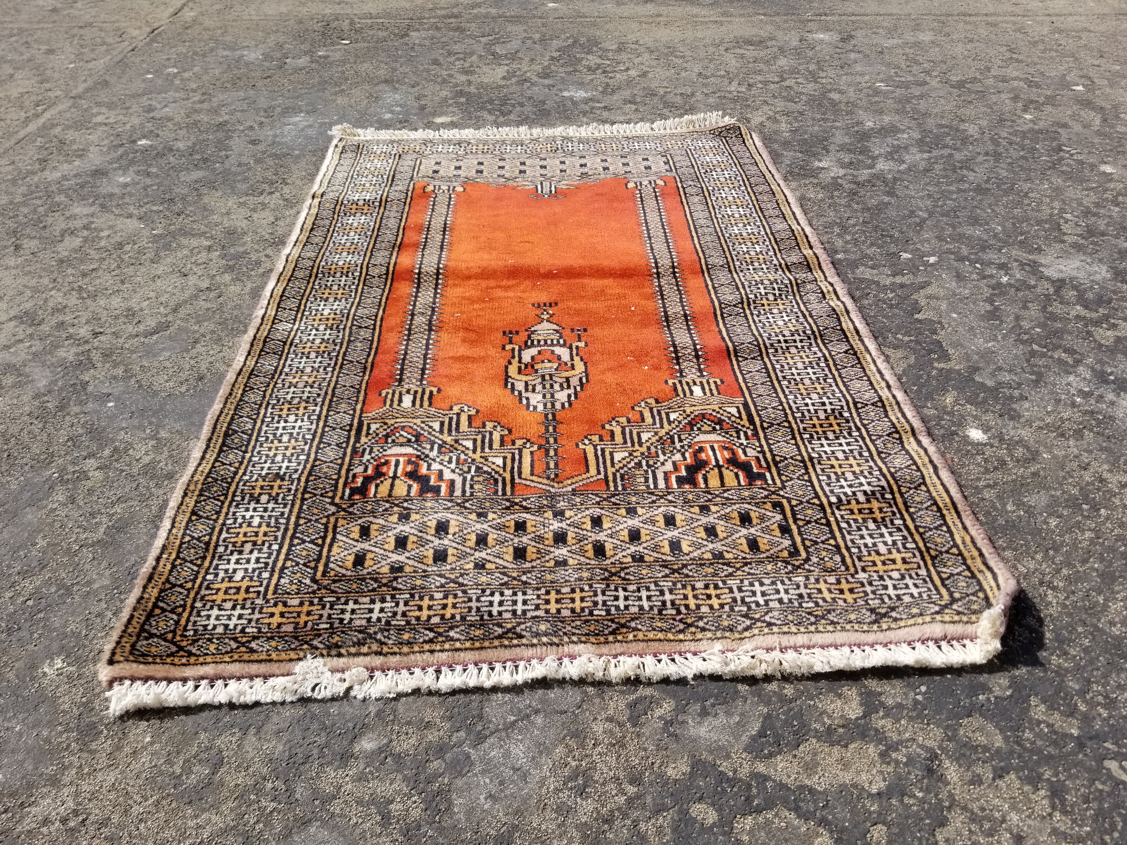 Vintage Traditional Handmade Oriental Wool Brown & Gold Prayer Rug 91x60cm