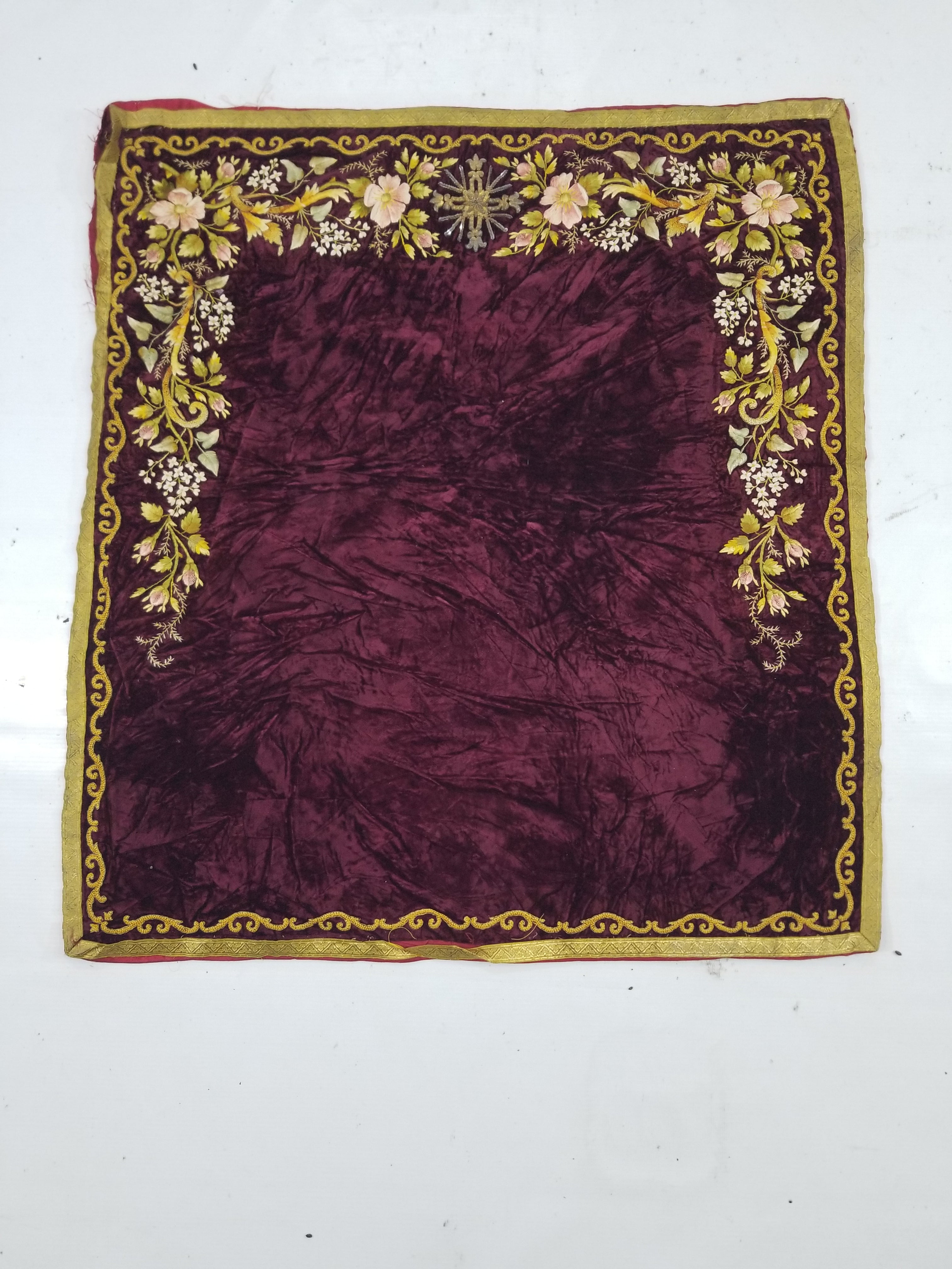 Antique French Floral Hand Embroidered Velvet Panel 68x64cm