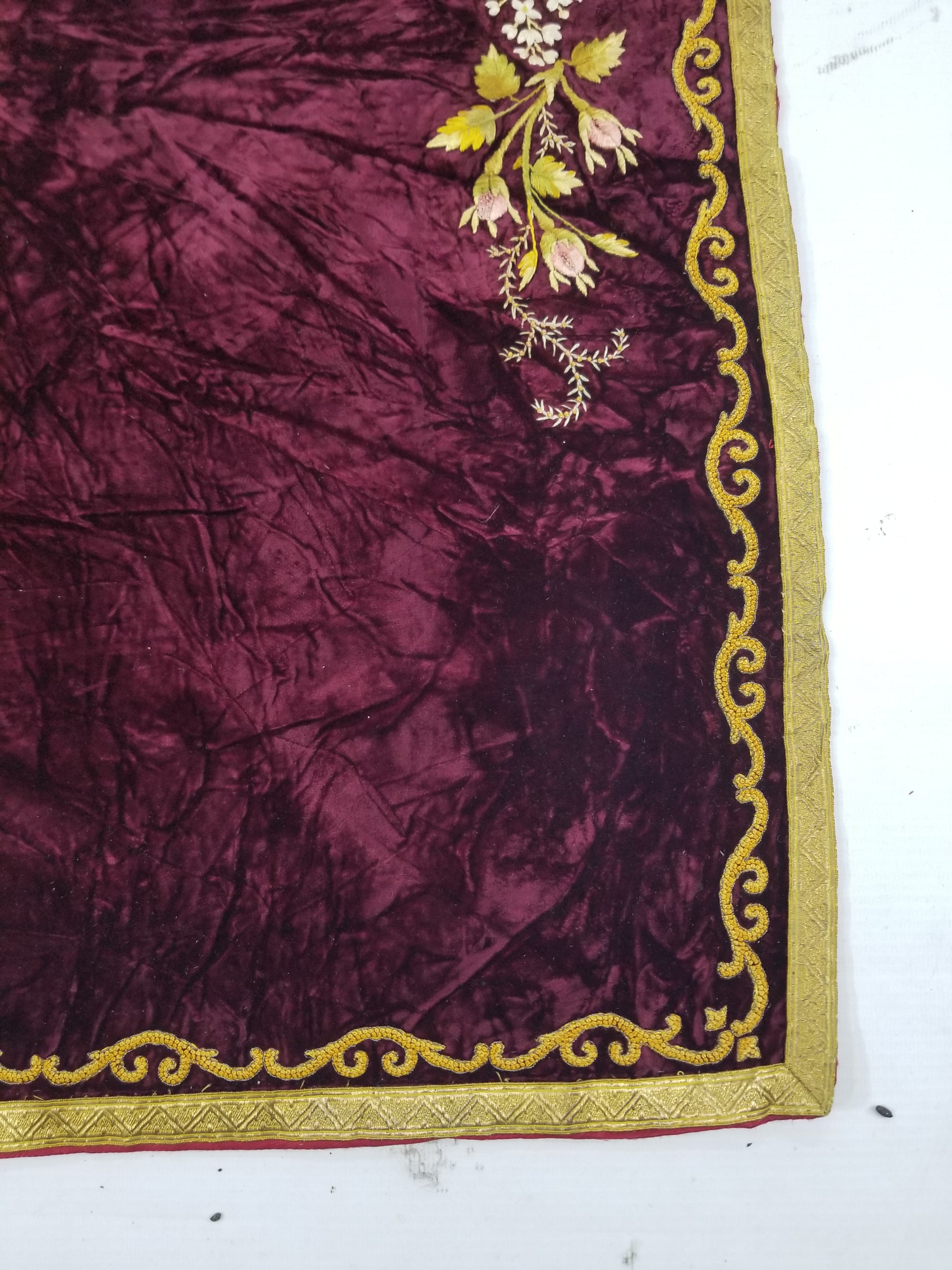 Antique French Floral Hand Embroidered Velvet Panel 68x64cm