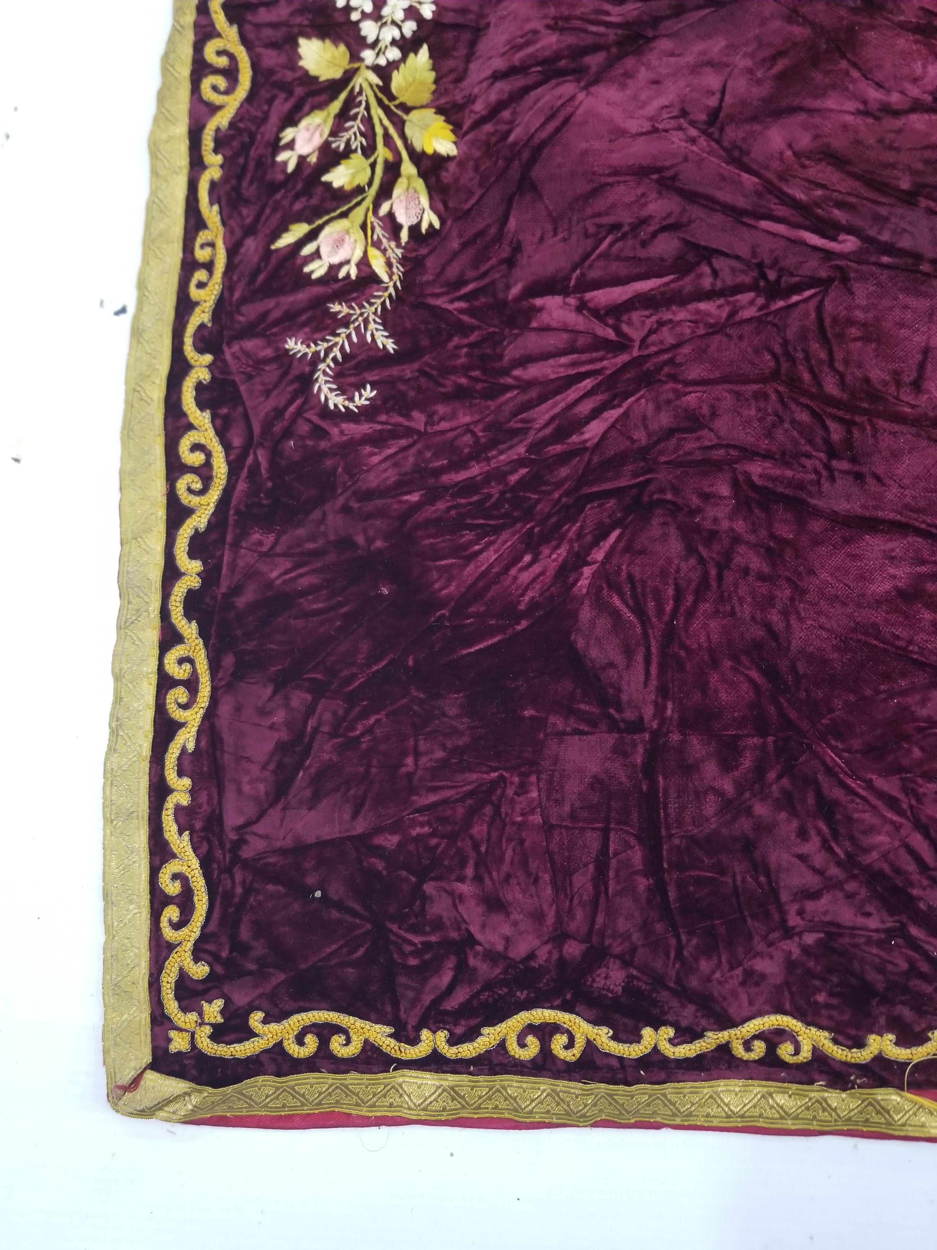 Antique French Floral Hand Embroidered Velvet Panel 68x64cm