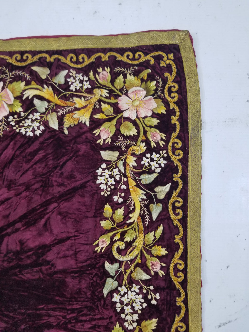 Antique French Floral Hand Embroidered Velvet Panel 68x64cm