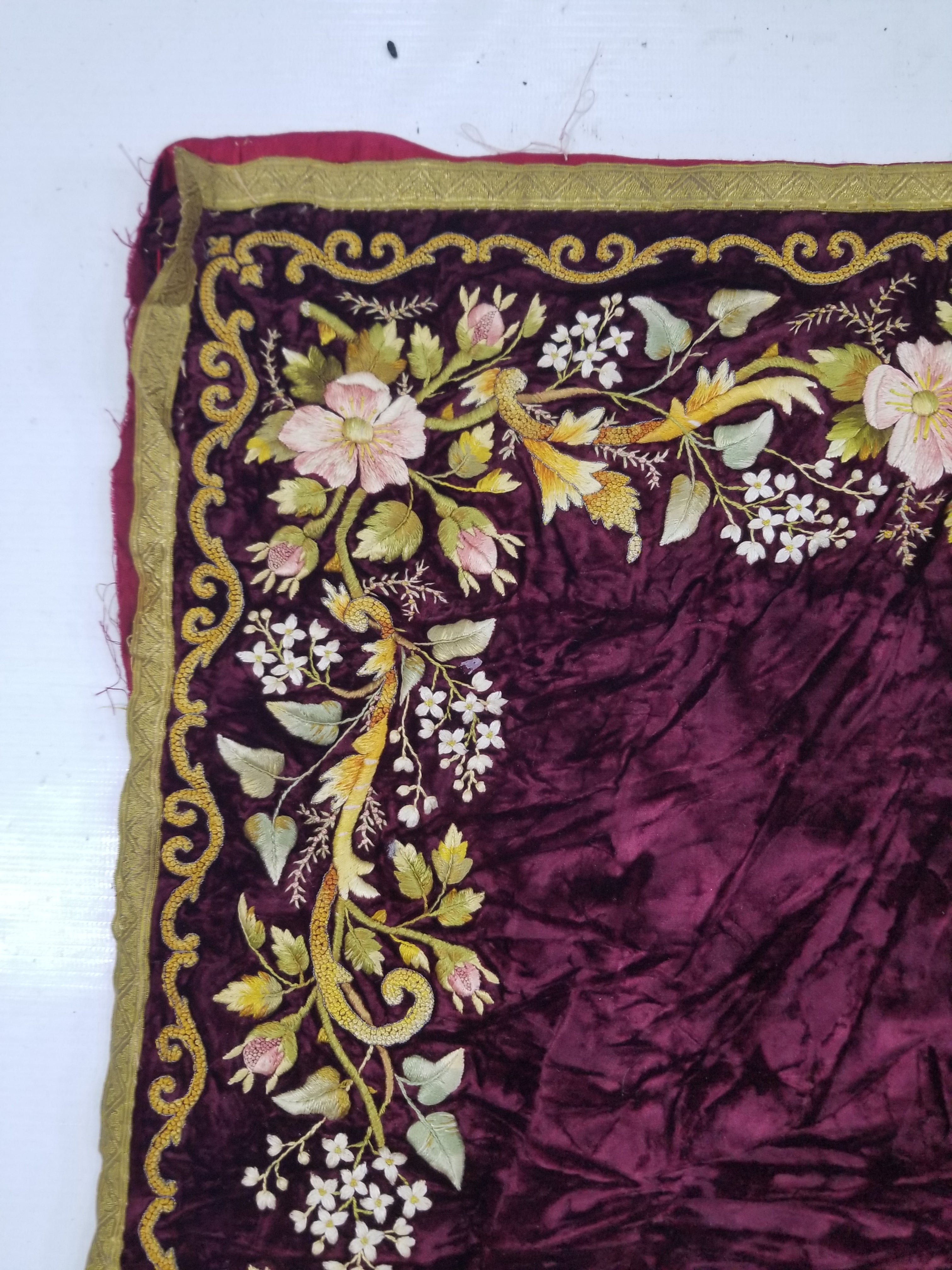 Antique French Floral Hand Embroidered Velvet Panel 68x64cm