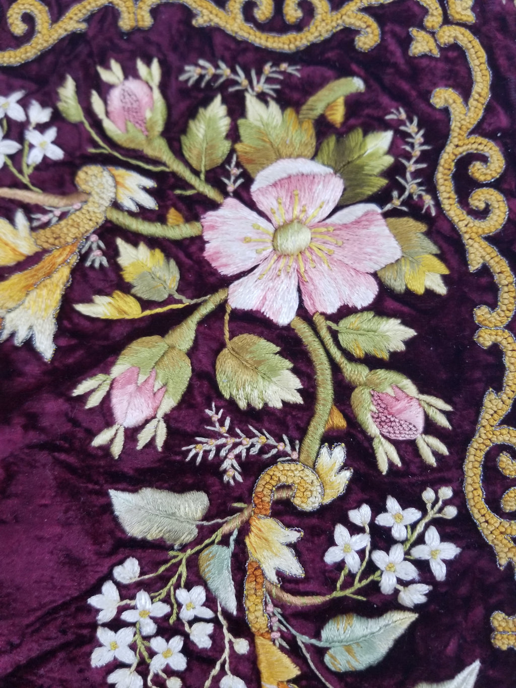 Antique French Floral Hand Embroidered Velvet Panel 68x64cm
