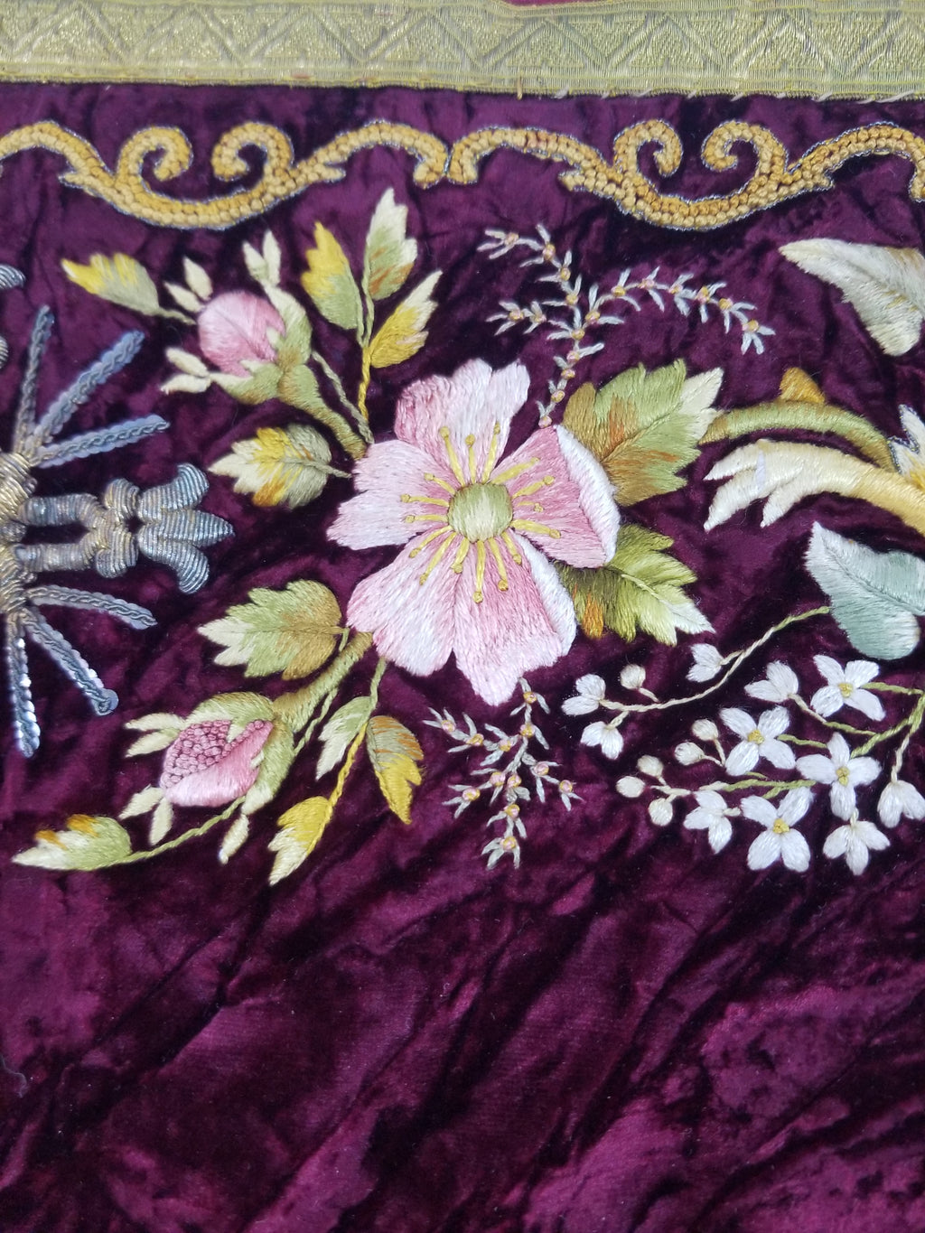 Antique French Floral Hand Embroidered Velvet Panel 68x64cm