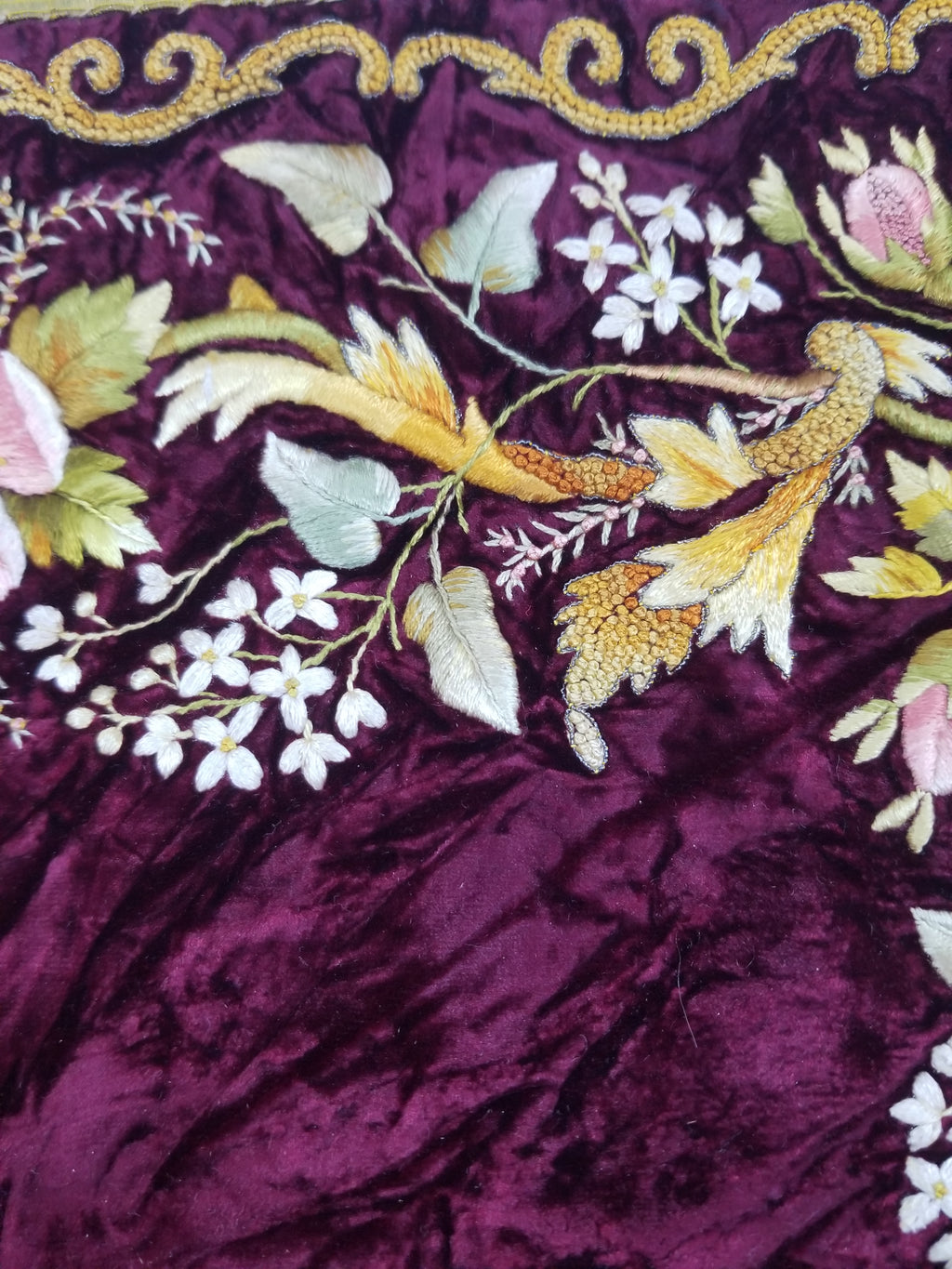 Antique French Floral Hand Embroidered Velvet Panel 68x64cm