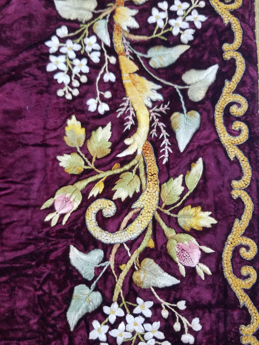 Antique French Floral Hand Embroidered Velvet Panel 68x64cm