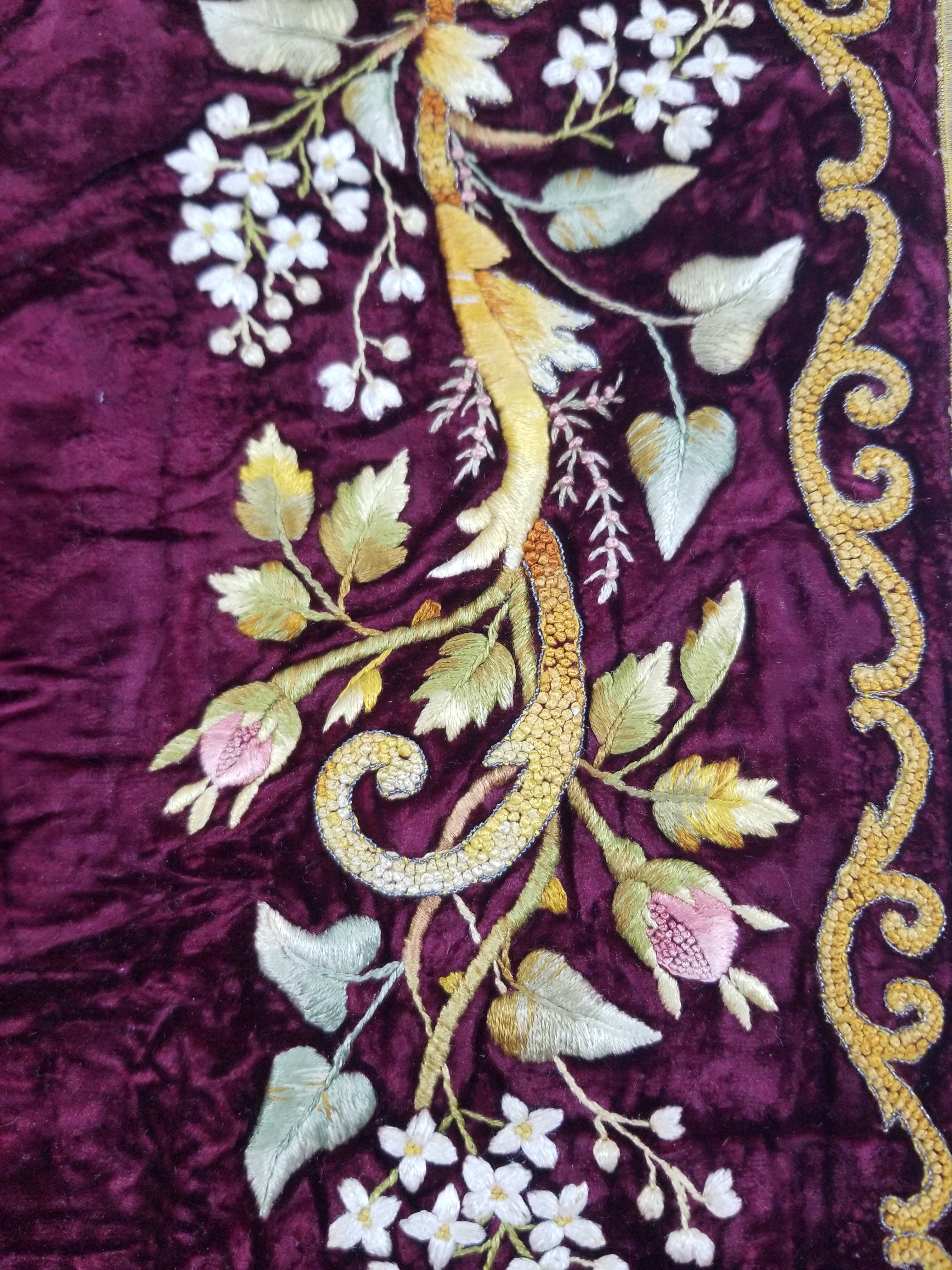 Antique French Floral Hand Embroidered Velvet Panel 68x64cm