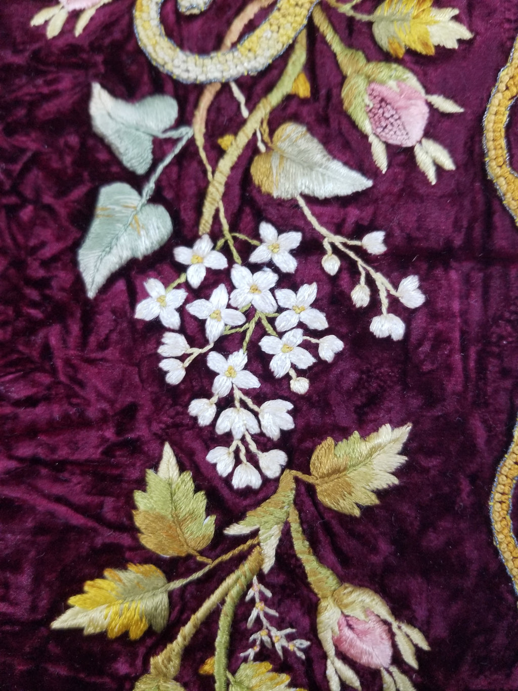 Antique French Floral Hand Embroidered Velvet Panel 68x64cm