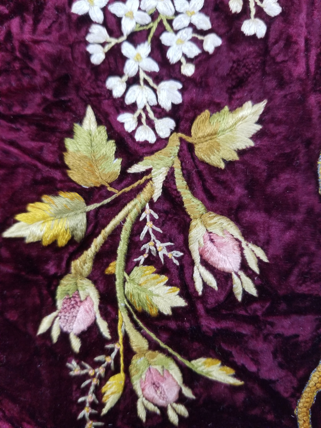 Antique French Floral Hand Embroidered Velvet Panel 68x64cm
