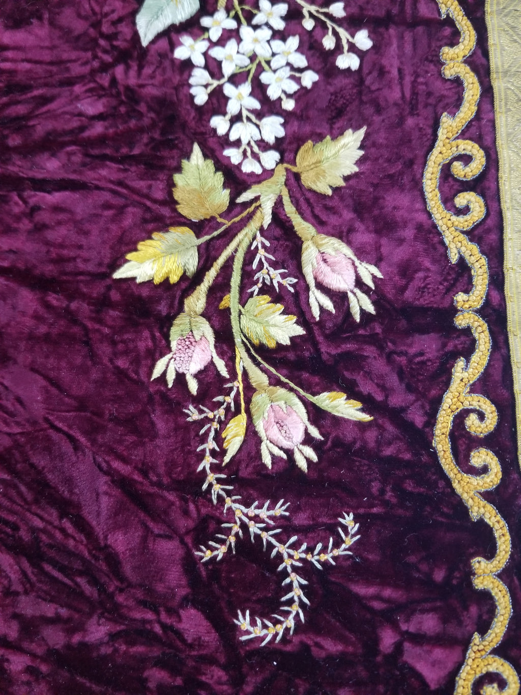 Antique French Floral Hand Embroidered Velvet Panel 68x64cm