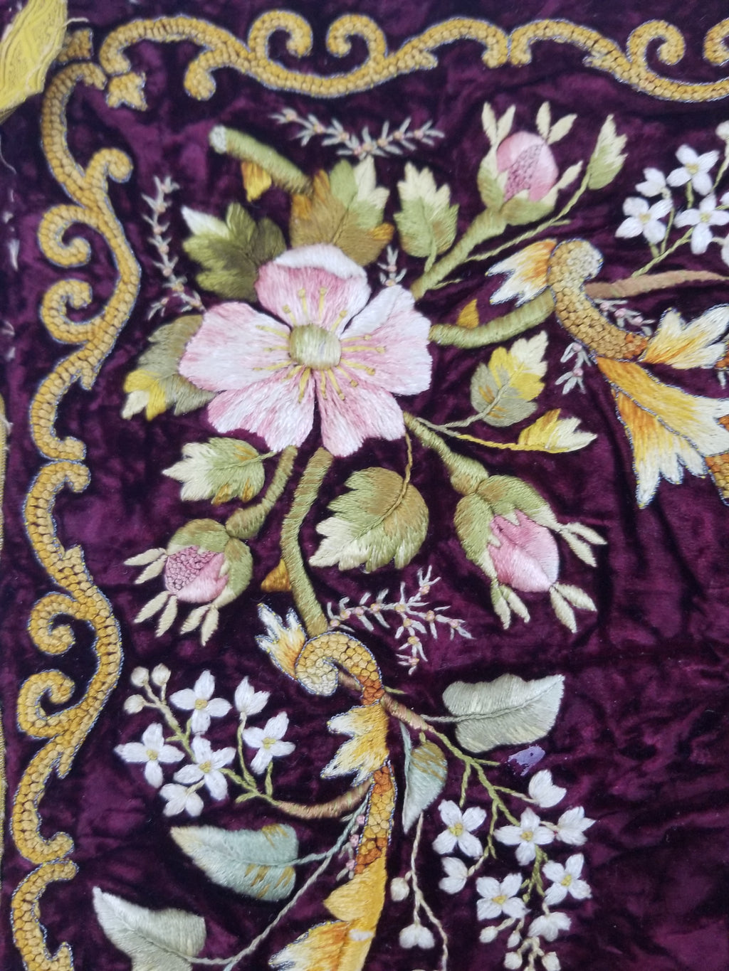 Antique French Floral Hand Embroidered Velvet Panel 68x64cm