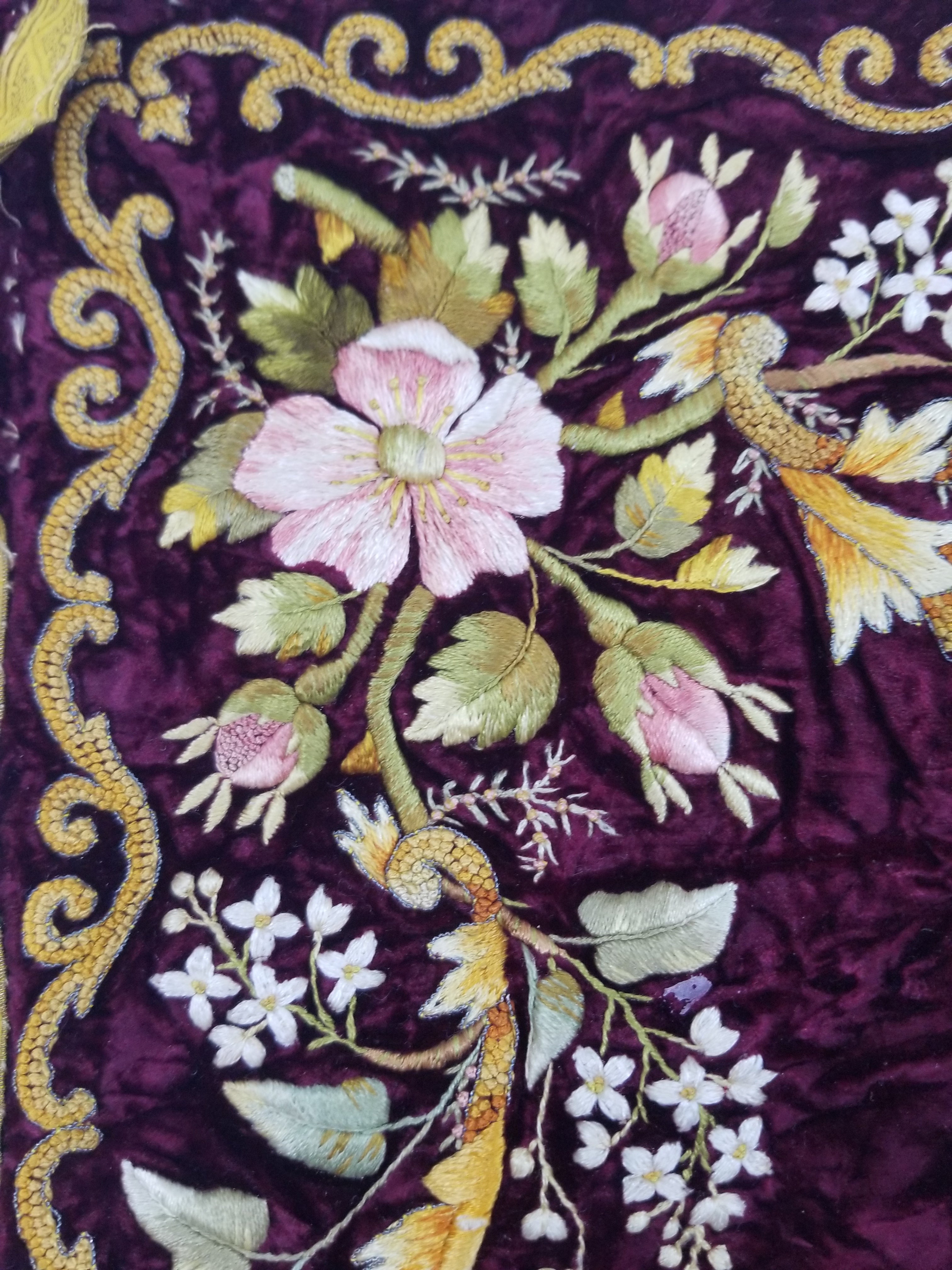 Antique French Floral Hand Embroidered Velvet Panel 68x64cm