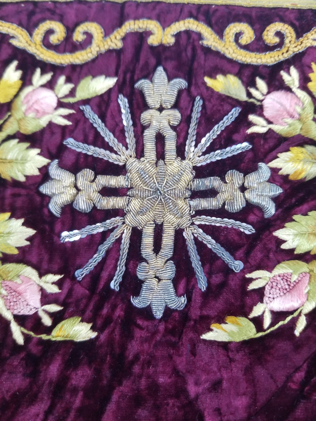 Antique French Floral Hand Embroidered Velvet Panel 68x64cm