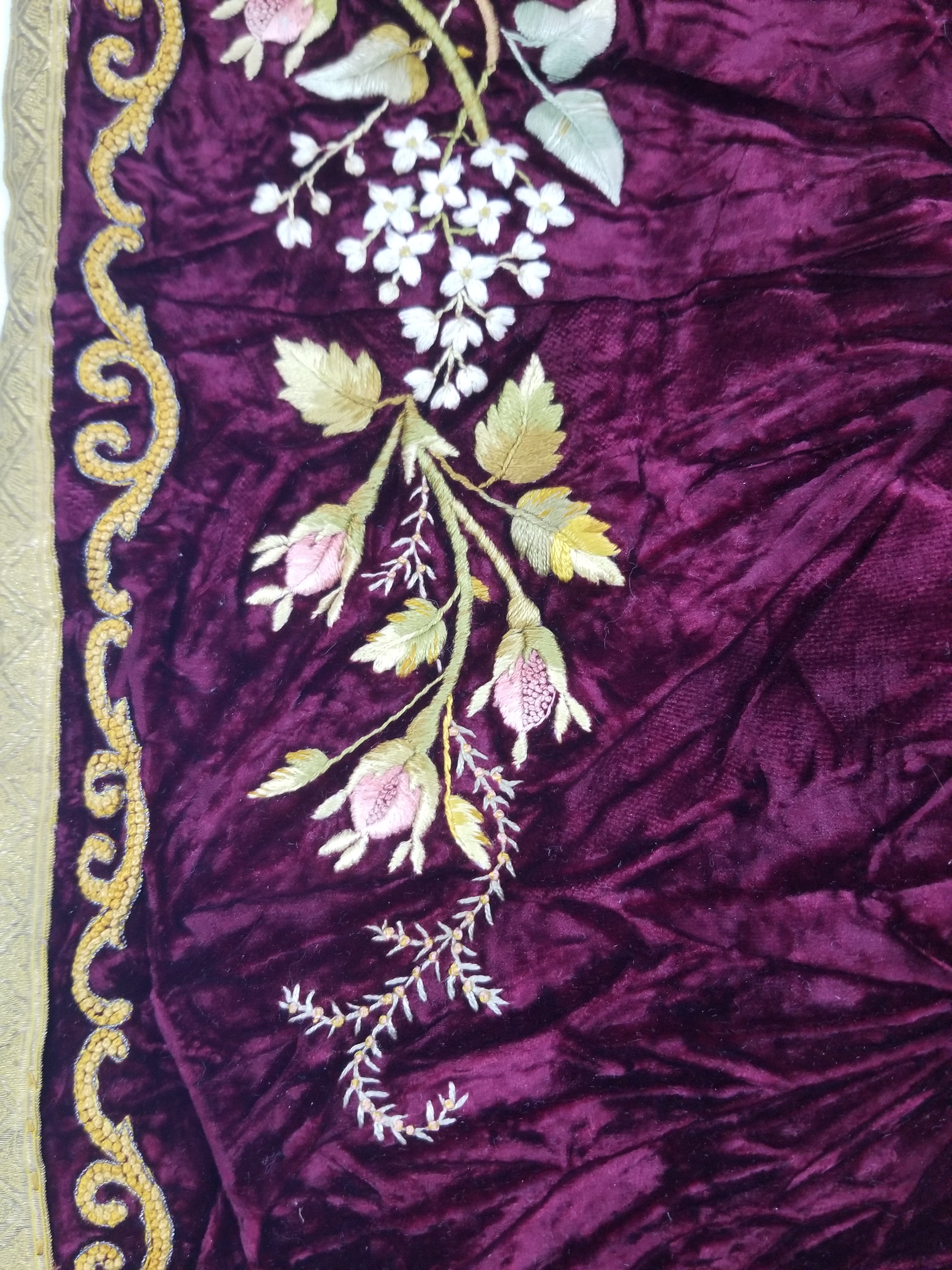 Antique French Floral Hand Embroidered Velvet Panel 68x64cm