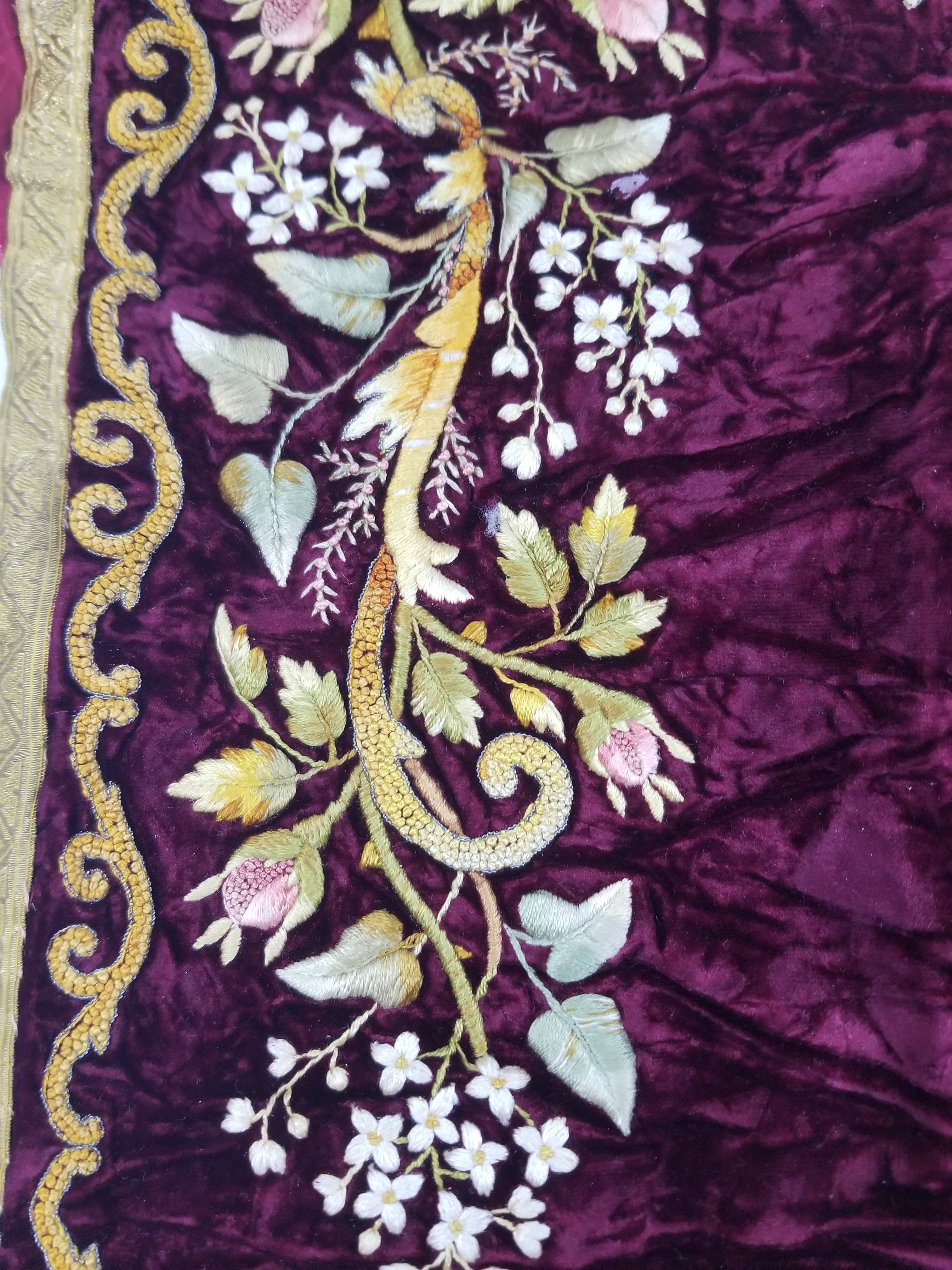 Antique French Floral Hand Embroidered Velvet Panel 68x64cm