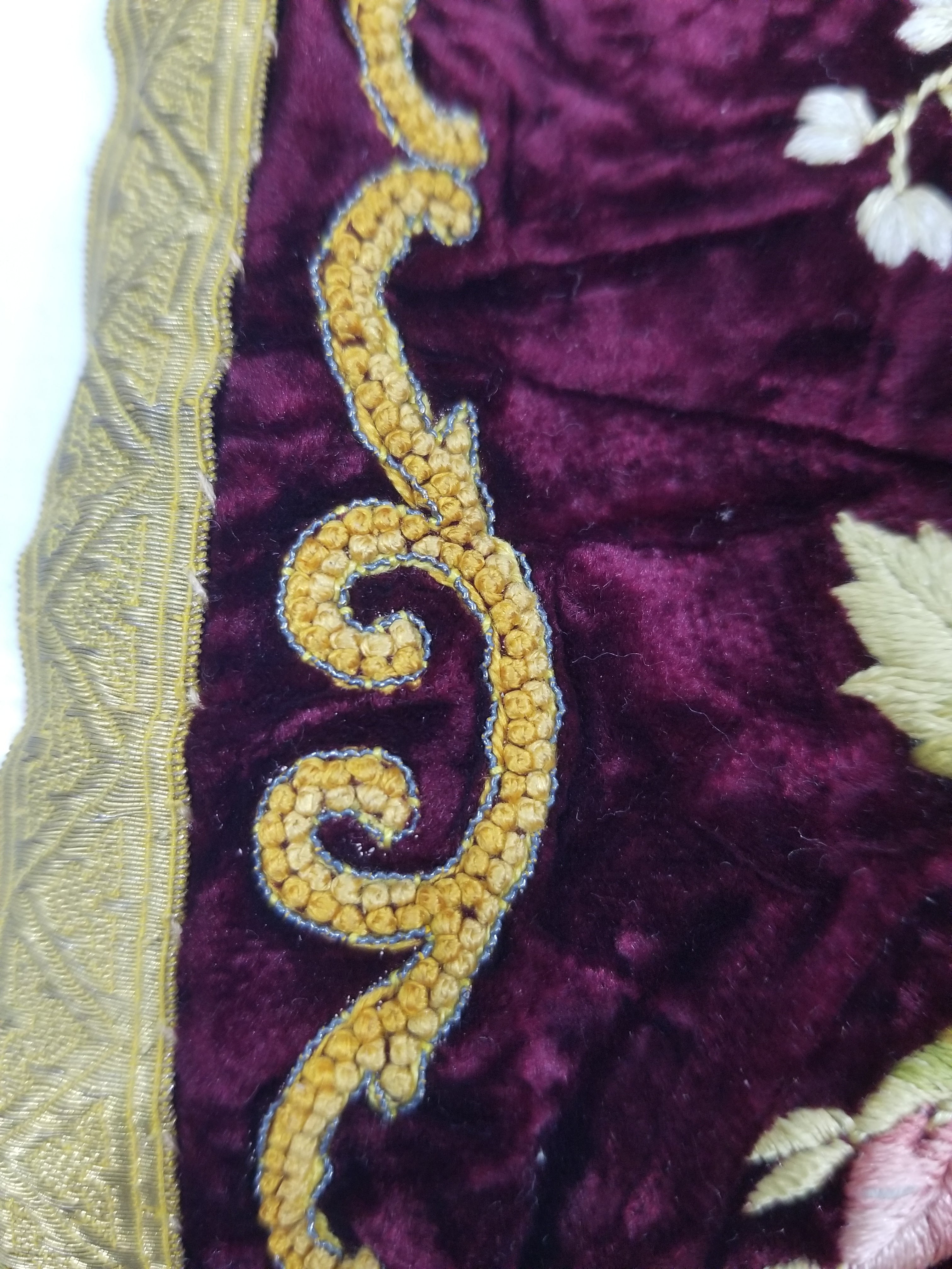 Antique French Floral Hand Embroidered Velvet Panel 68x64cm