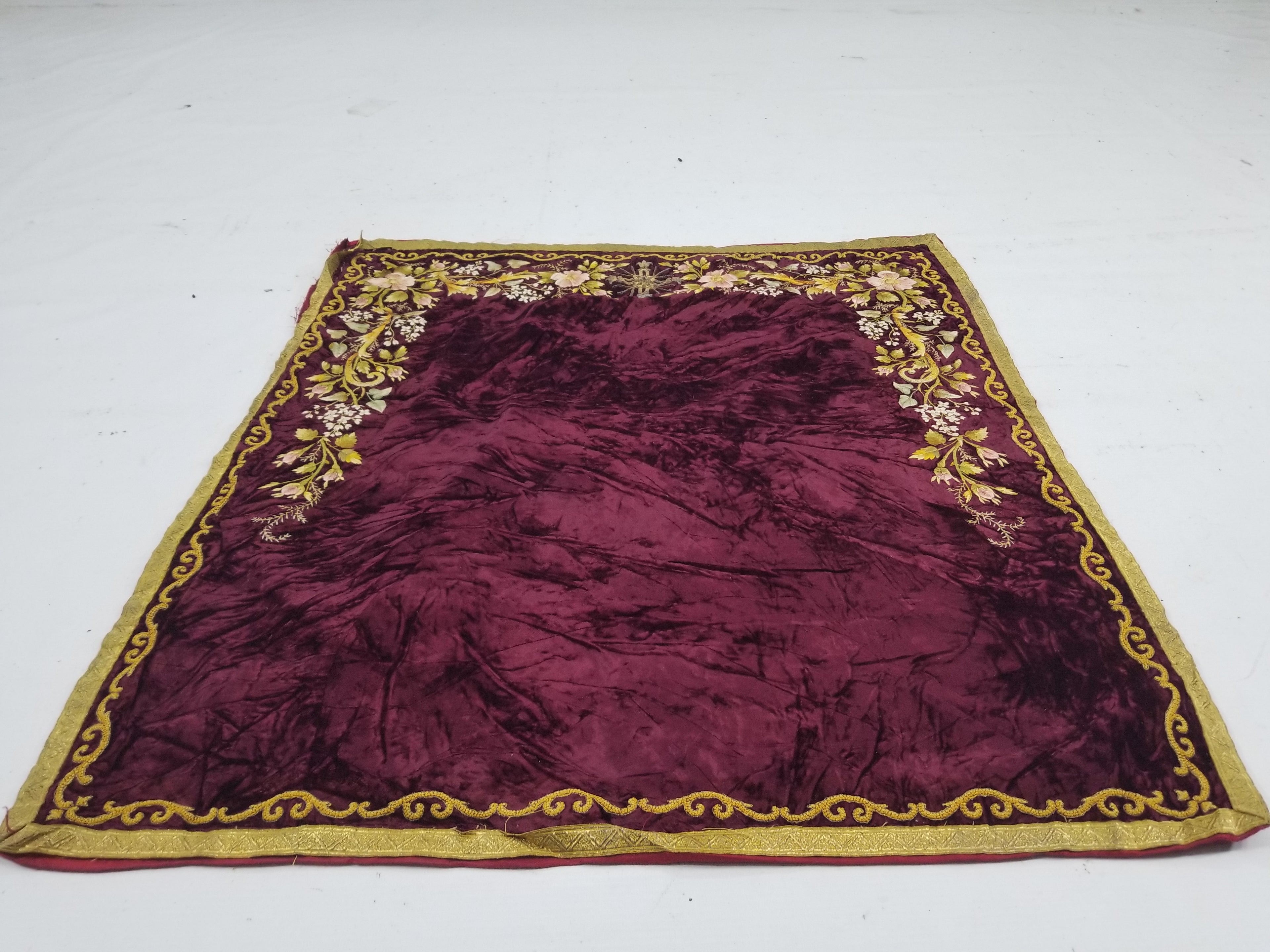 Antique French Floral Hand Embroidered Velvet Panel 68x64cm