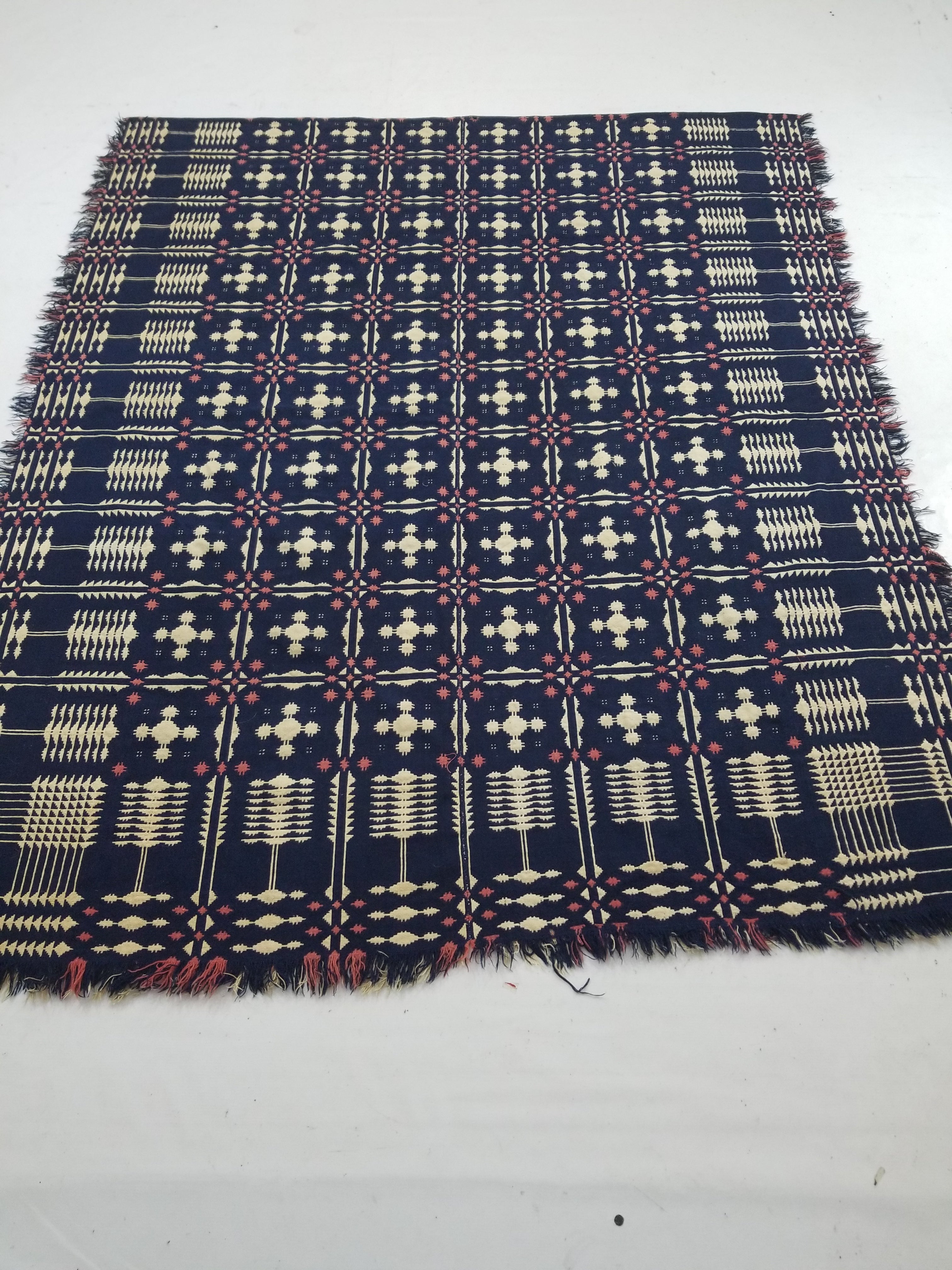 Antique American Reversible Jacquard Loomed Woolen Coverlet 200x168cm