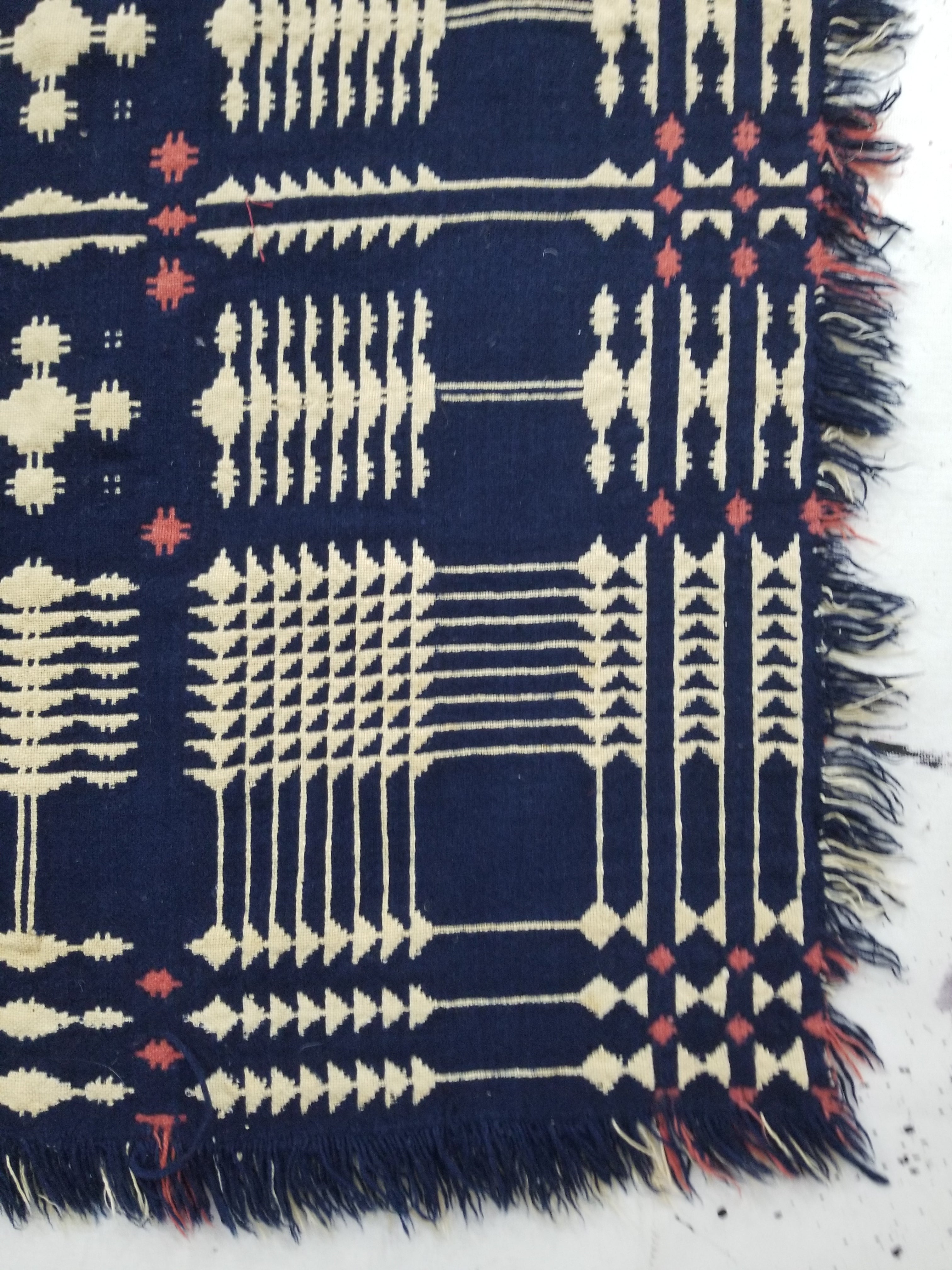 Antique American Reversible Jacquard Loomed Woolen Coverlet 200x168cm