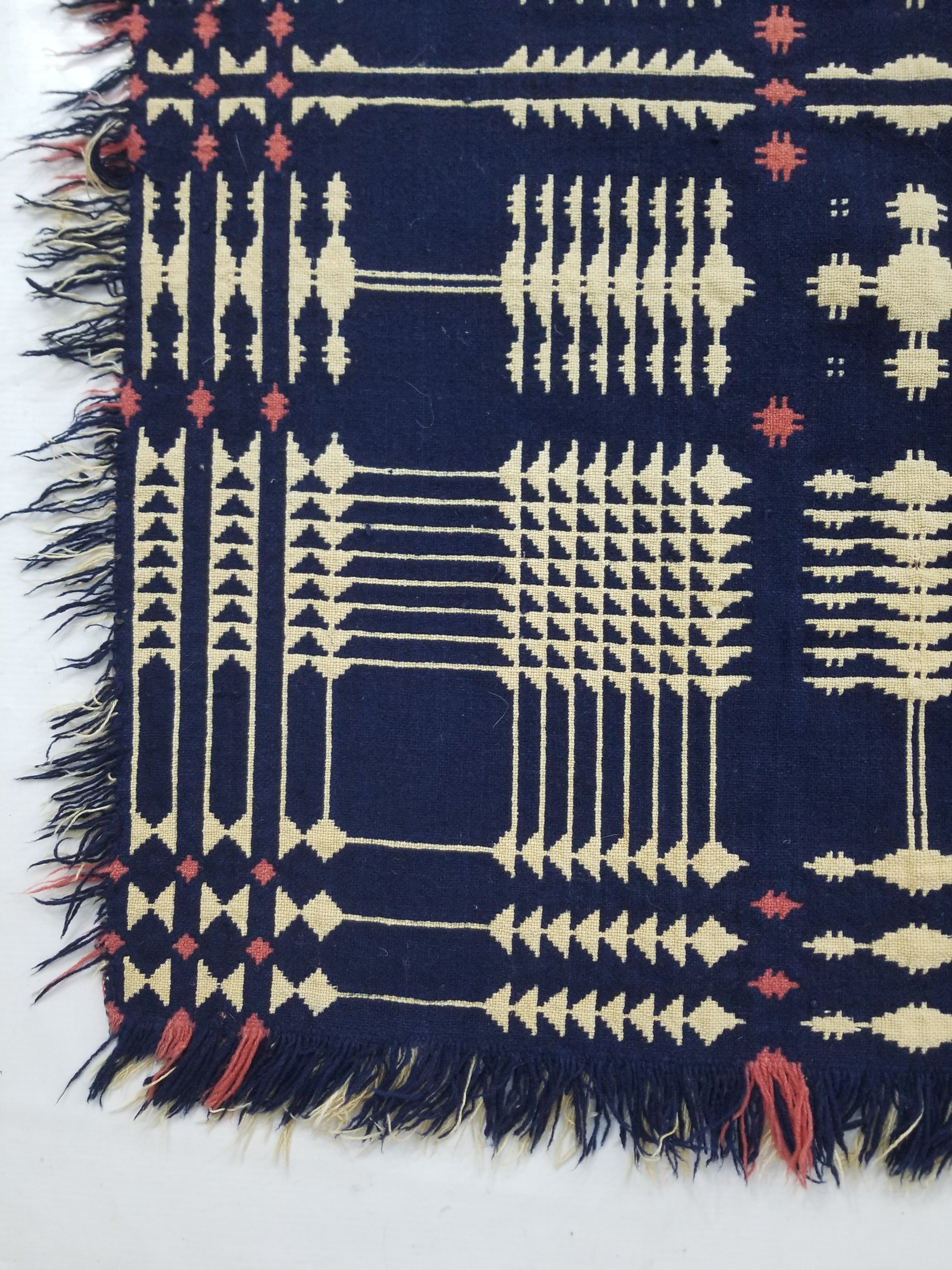 Antique American Reversible Jacquard Loomed Woolen Coverlet 200x168cm