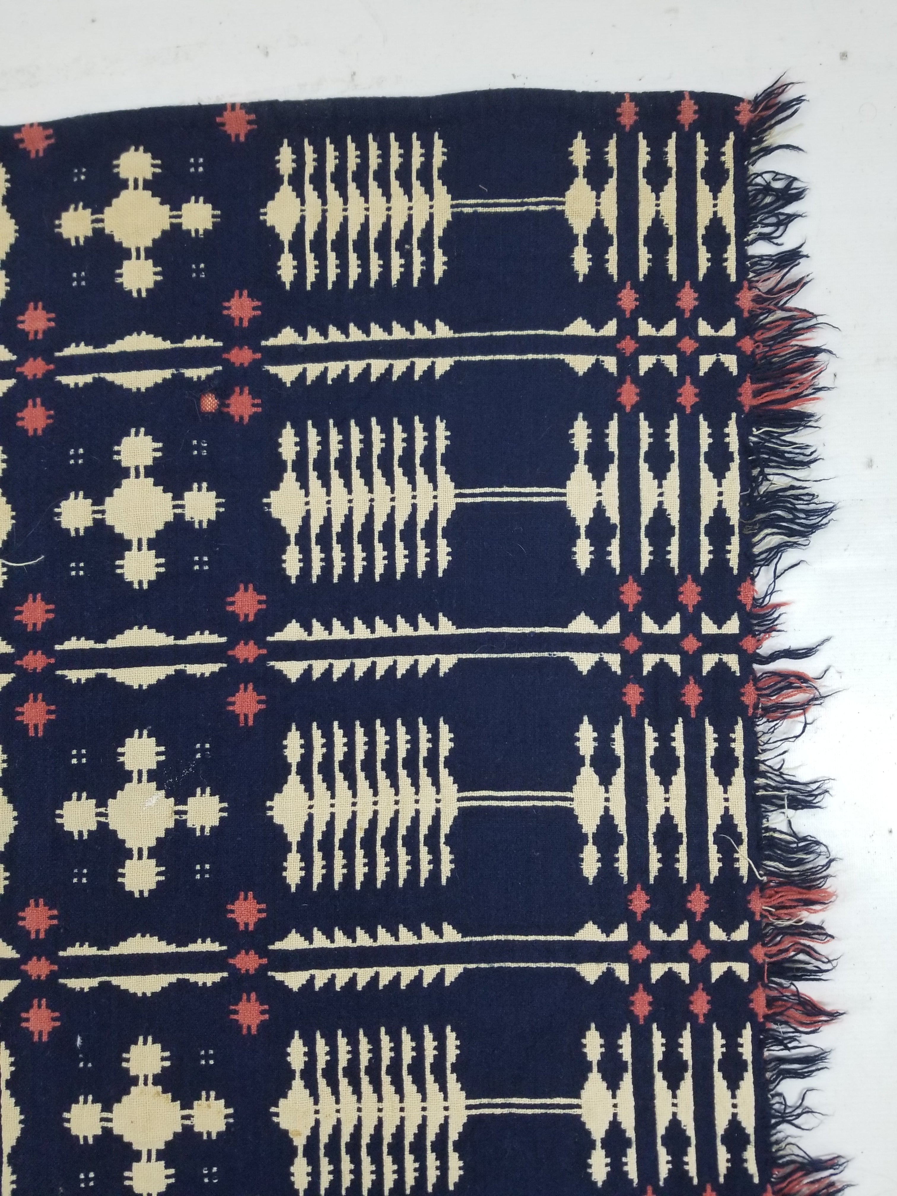 Antique American Reversible Jacquard Loomed Woolen Coverlet 200x168cm