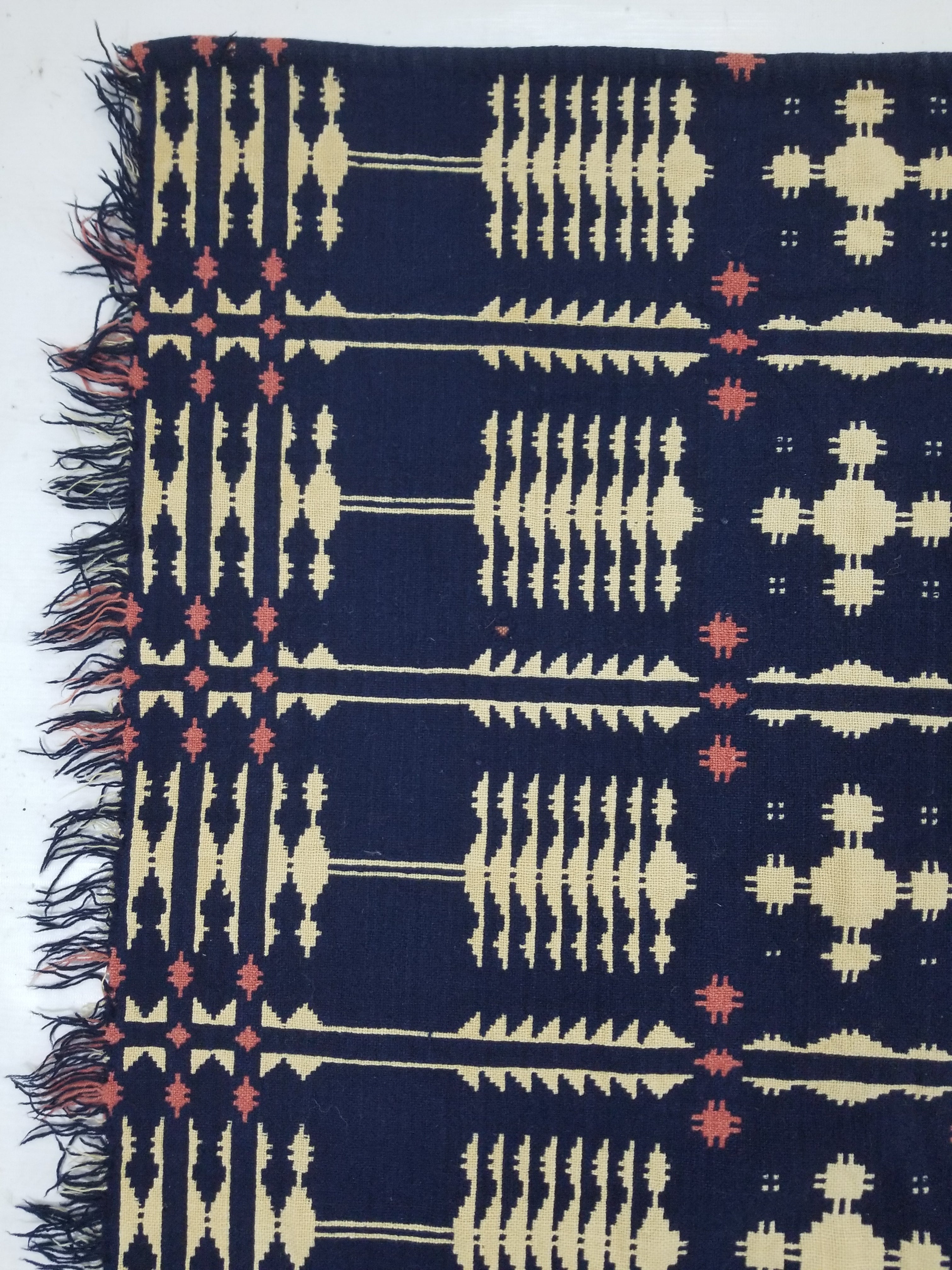 Antique American Reversible Jacquard Loomed Woolen Coverlet 200x168cm