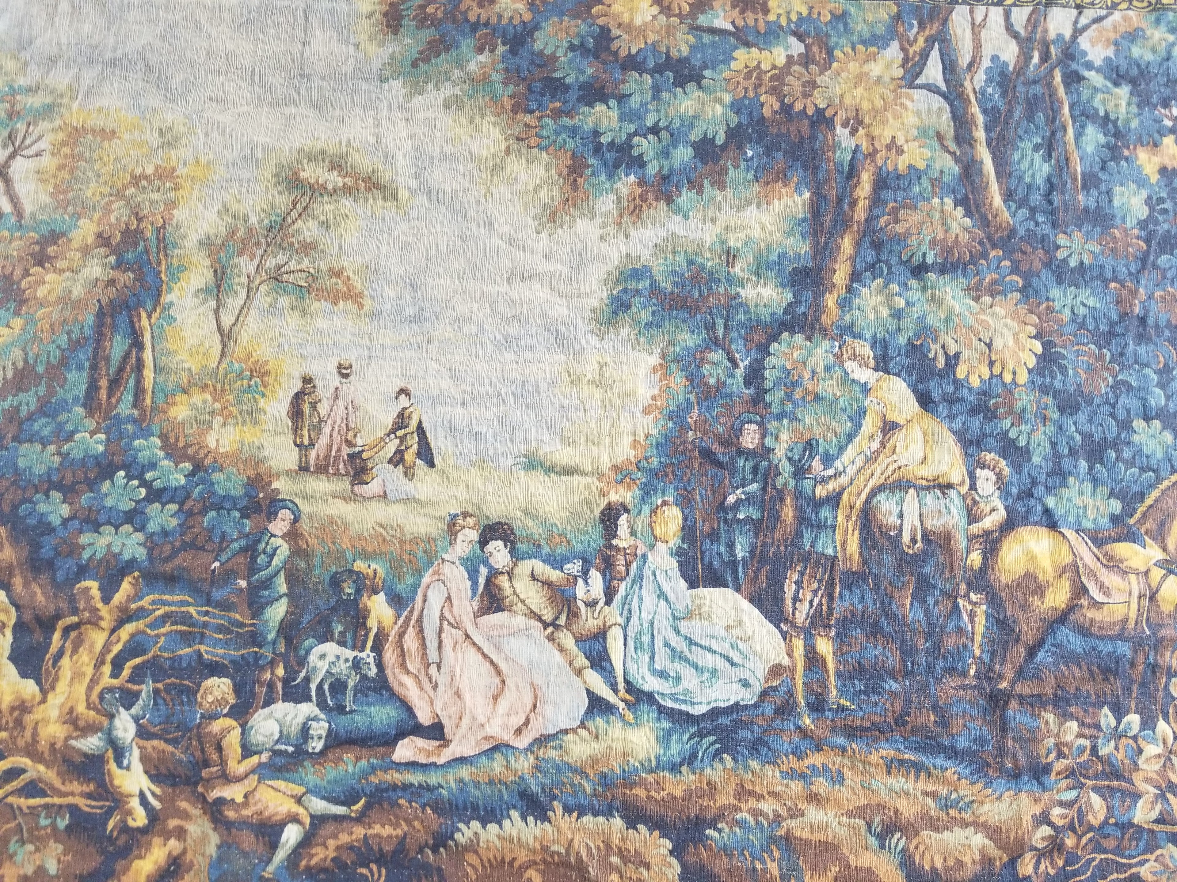 Antique French Pastoral Gathering Printed Tapestry 192x142cm