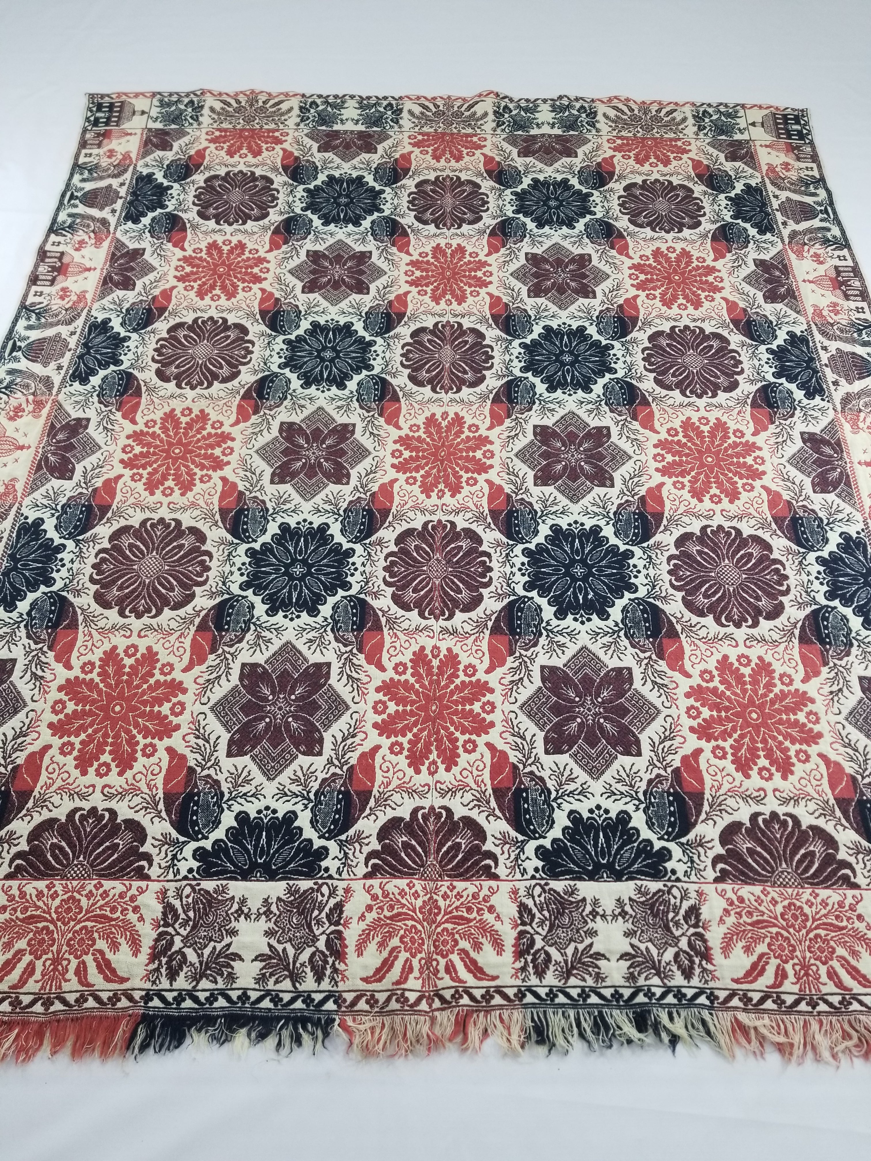 Antique American Reversible Jacquard Loomed Woolen Coverlet 225x190cm