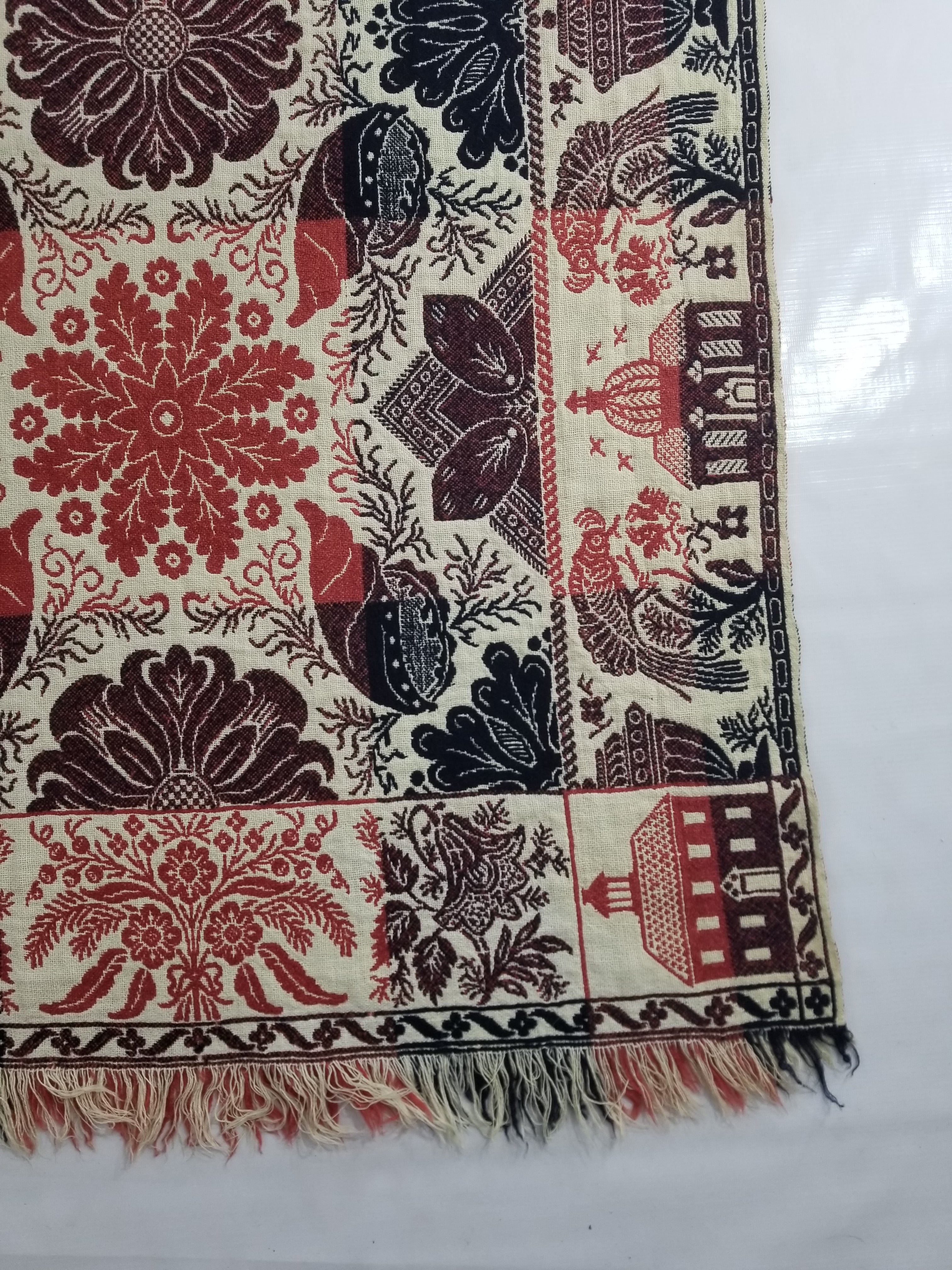 Antique American Reversible Jacquard Loomed Woolen Coverlet 225x190cm