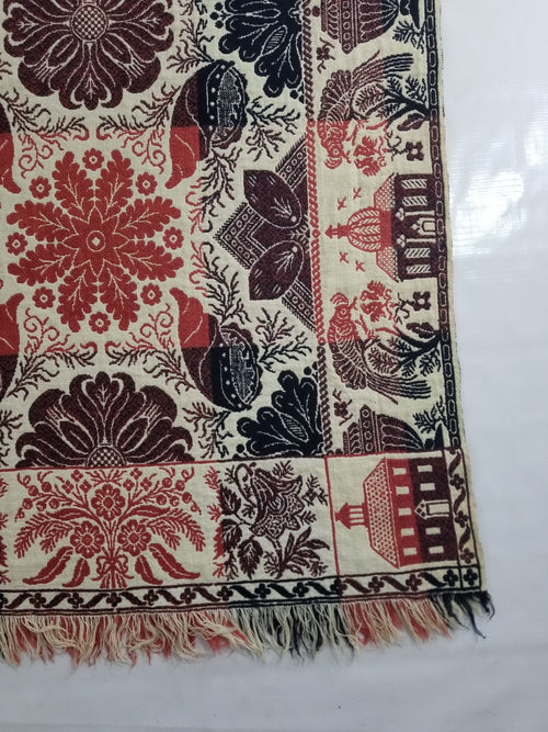 Antique American Reversible Jacquard Loomed Woolen Coverlet 225x190cm