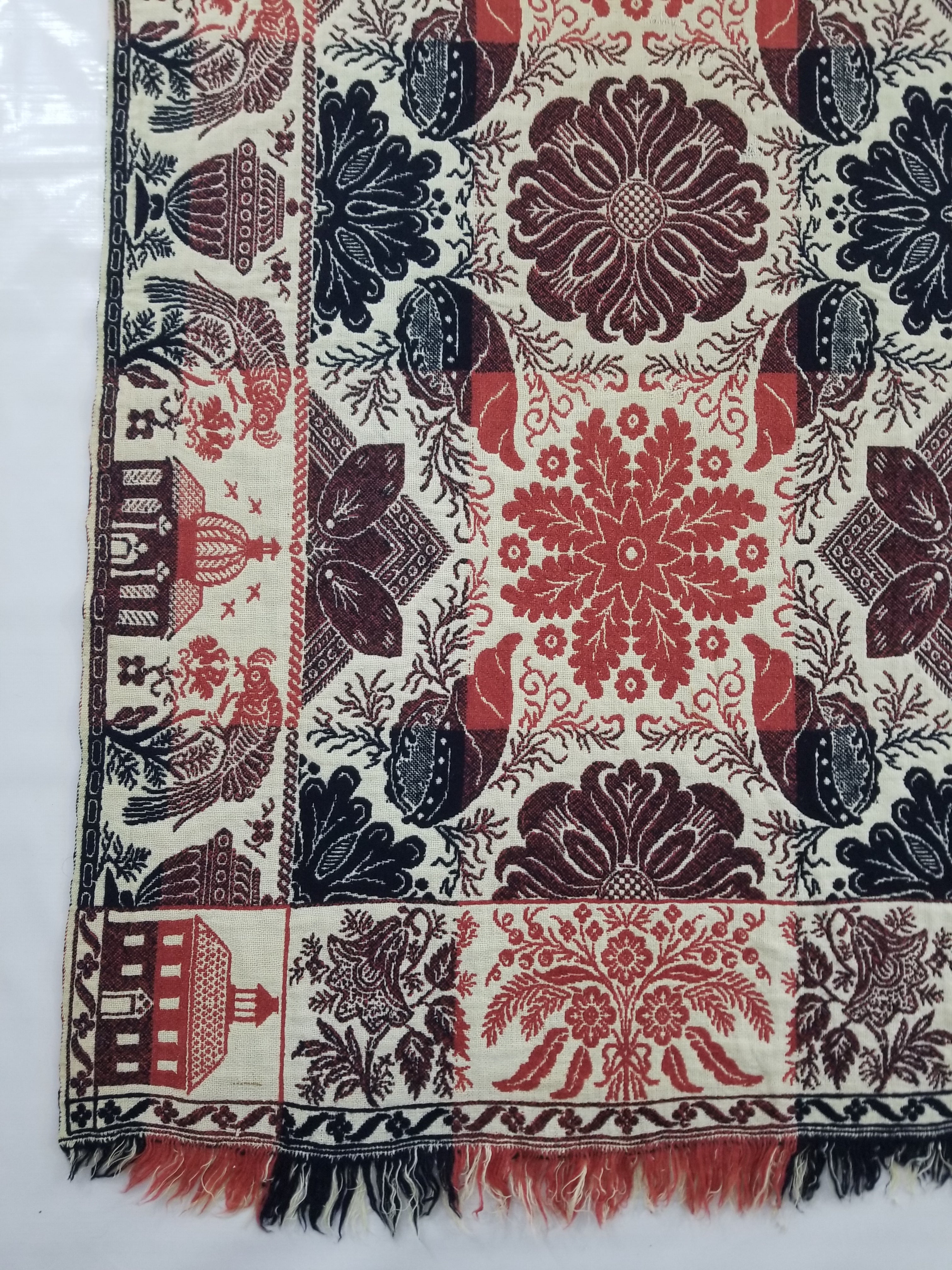 Antique American Reversible Jacquard Loomed Woolen Coverlet 225x190cm