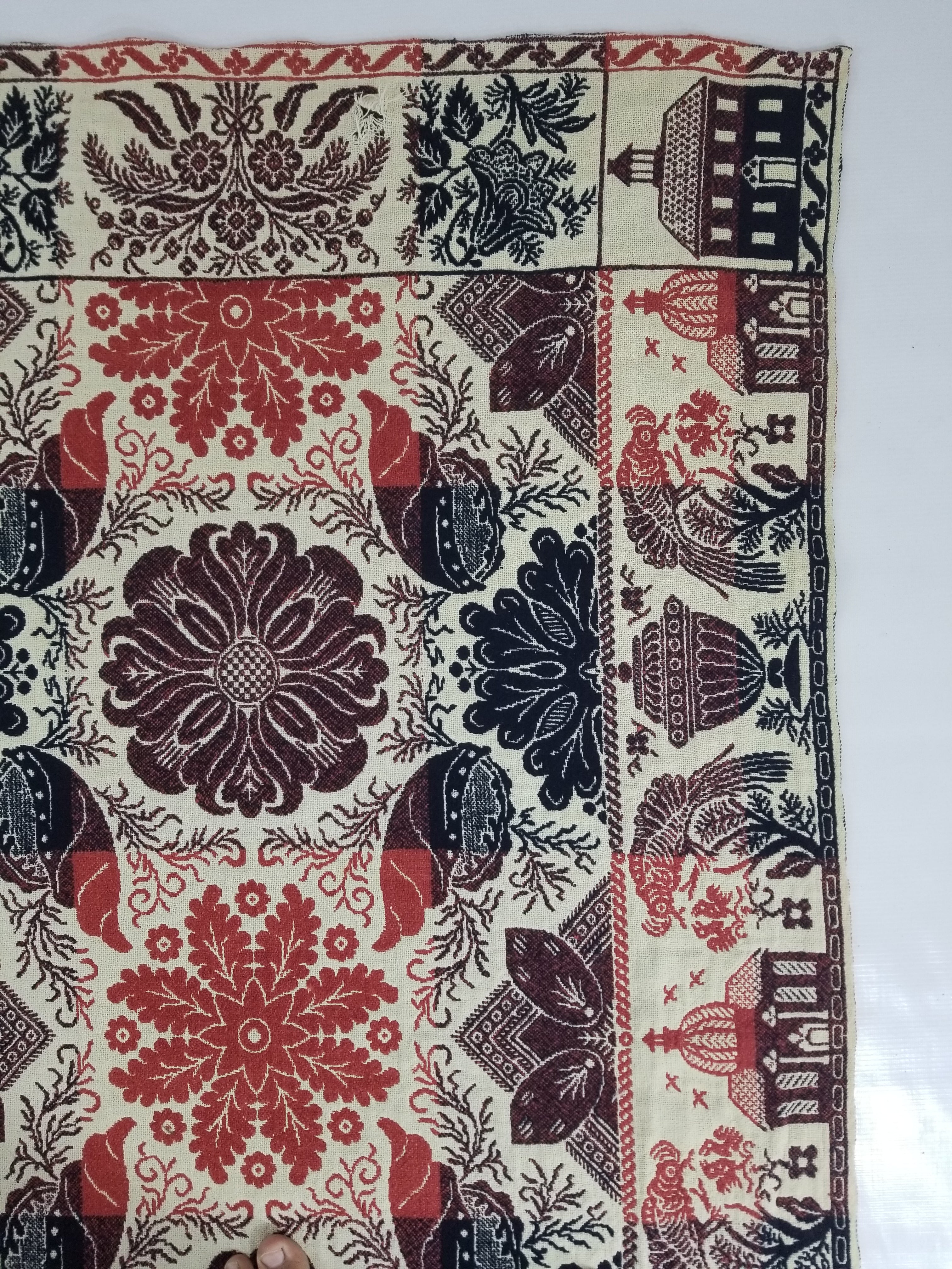 Antique American Reversible Jacquard Loomed Woolen Coverlet 225x190cm