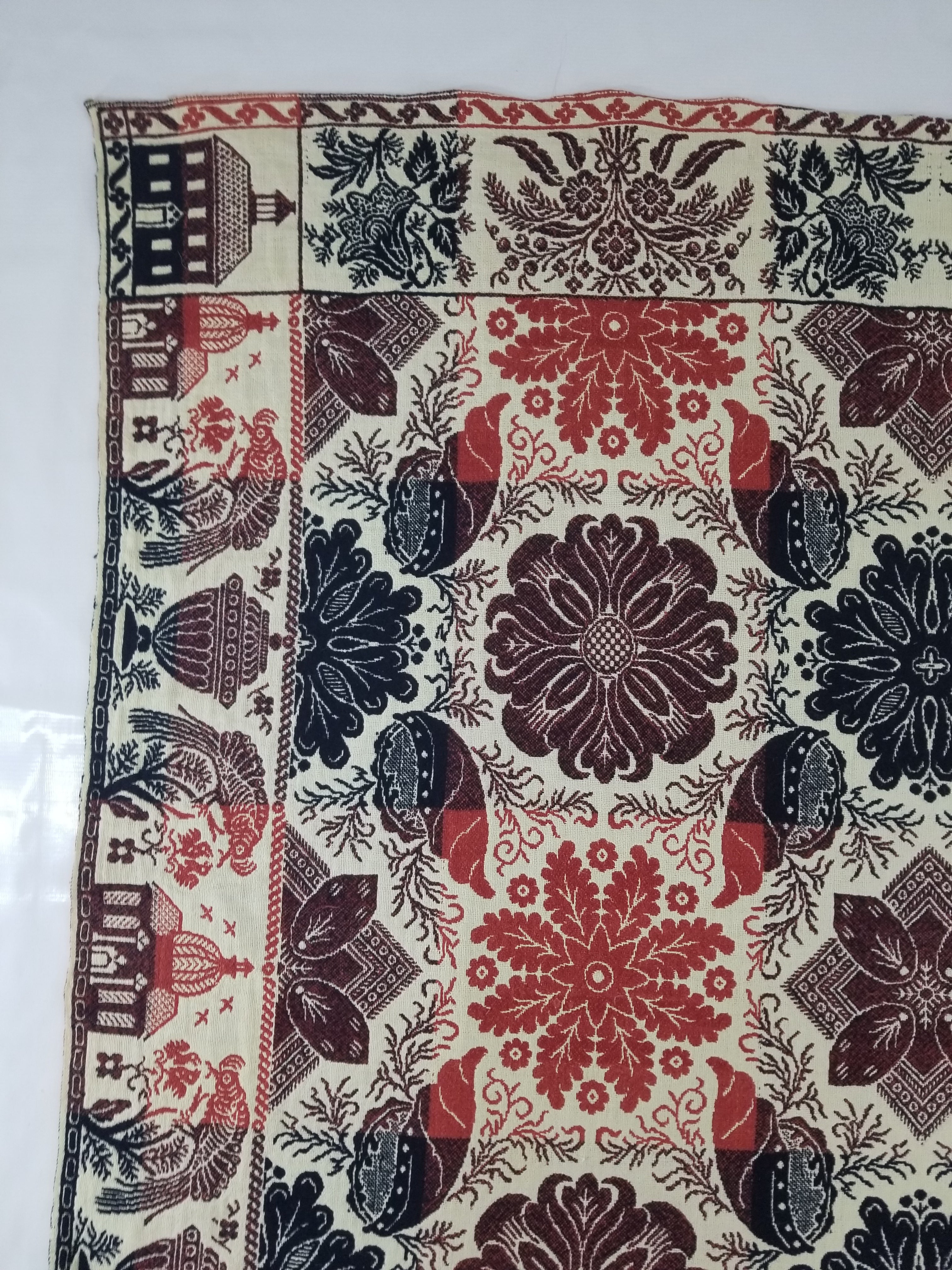 Antique American Reversible Jacquard Loomed Woolen Coverlet 225x190cm