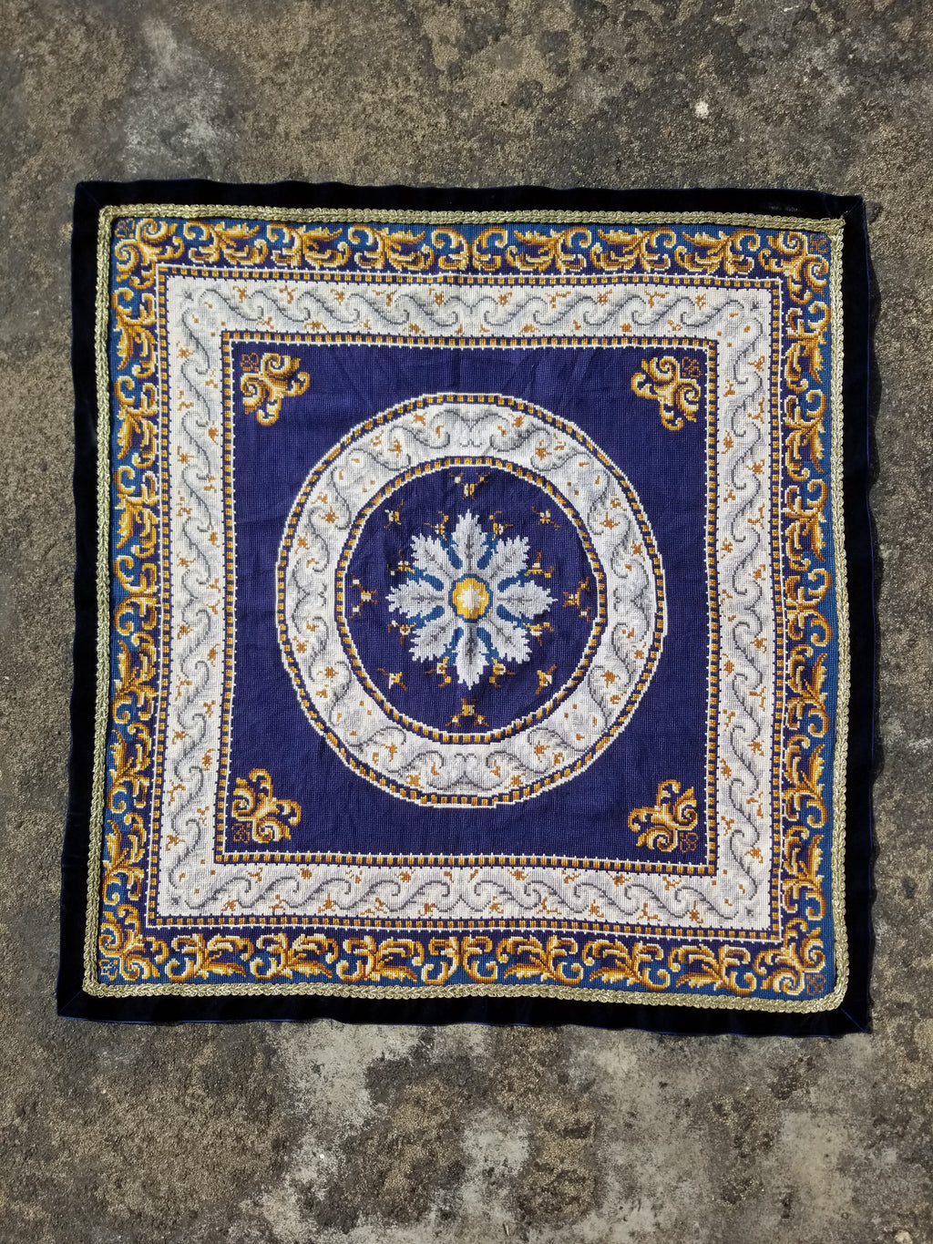 Vintage French Handmade Needlepoint Wool Rug 88x83cm