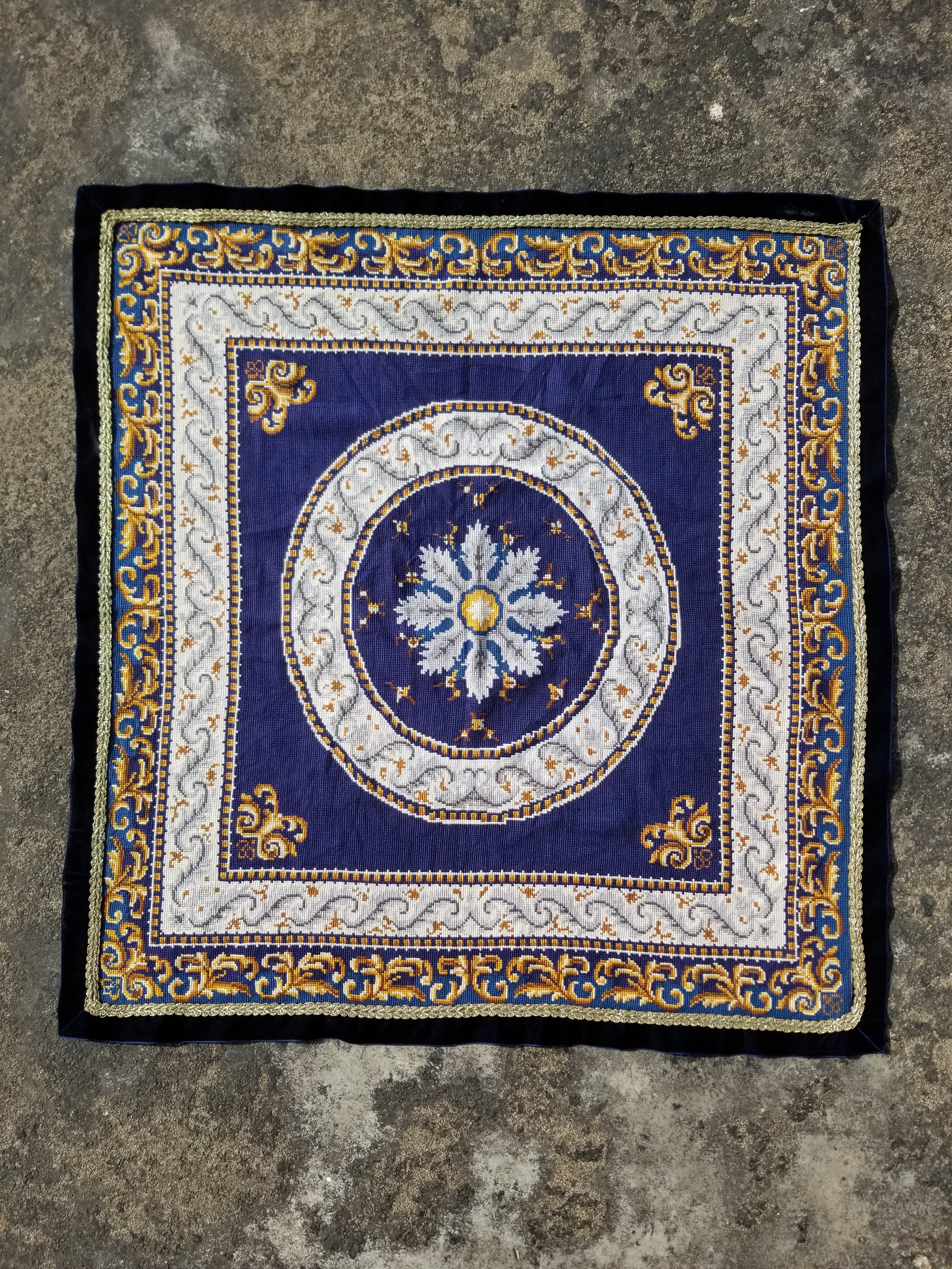 Vintage French Handmade Needlepoint Wool Rug 88x83cm