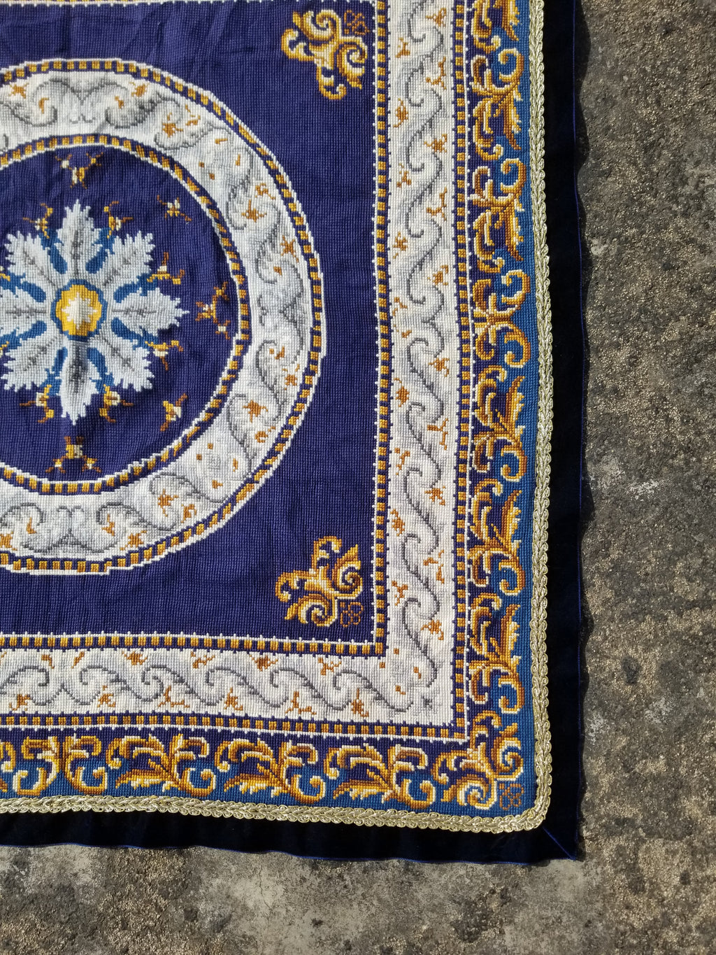 Vintage French Handmade Needlepoint Wool Rug 88x83cm