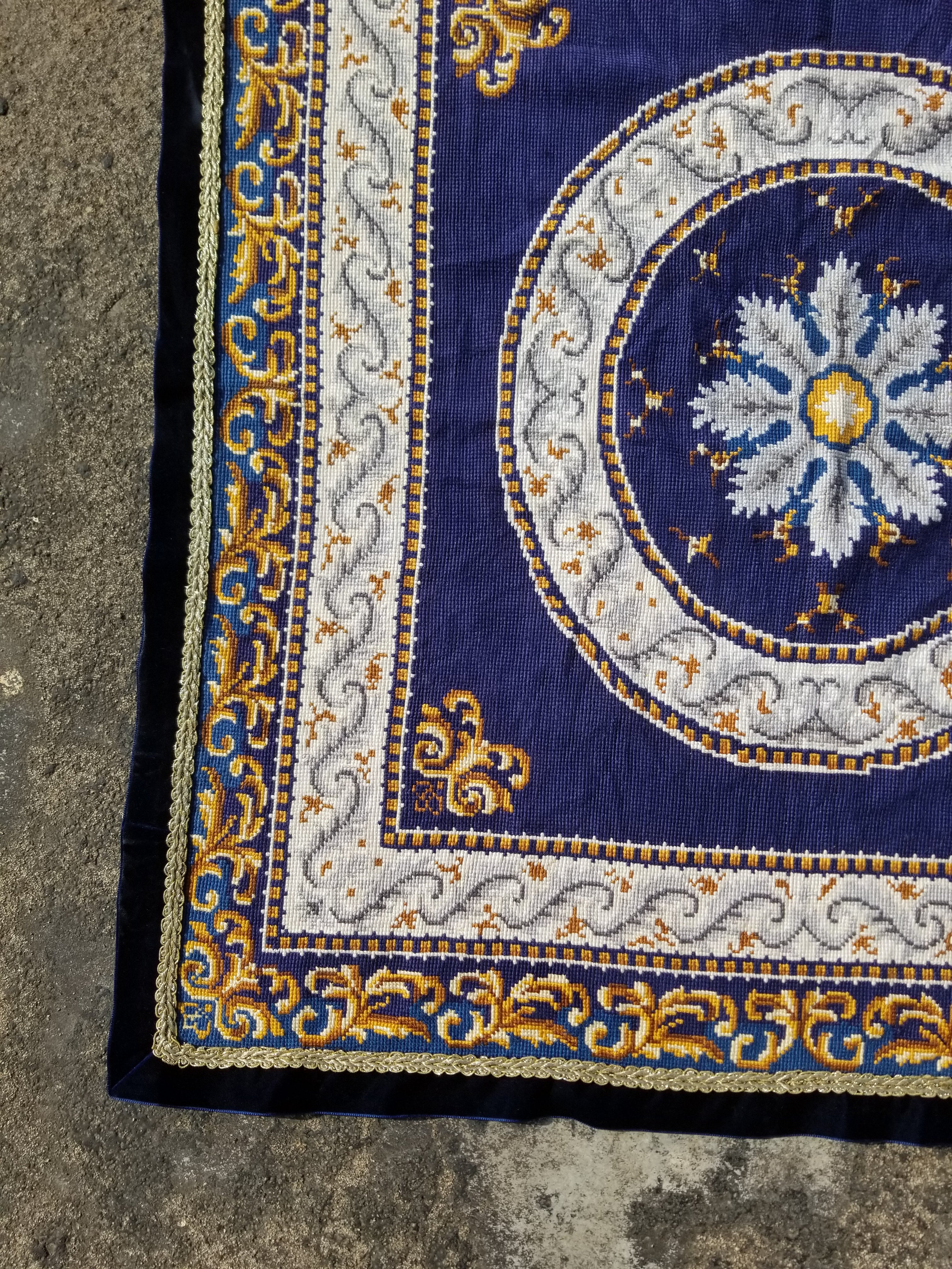 Vintage French Handmade Needlepoint Wool Rug 88x83cm