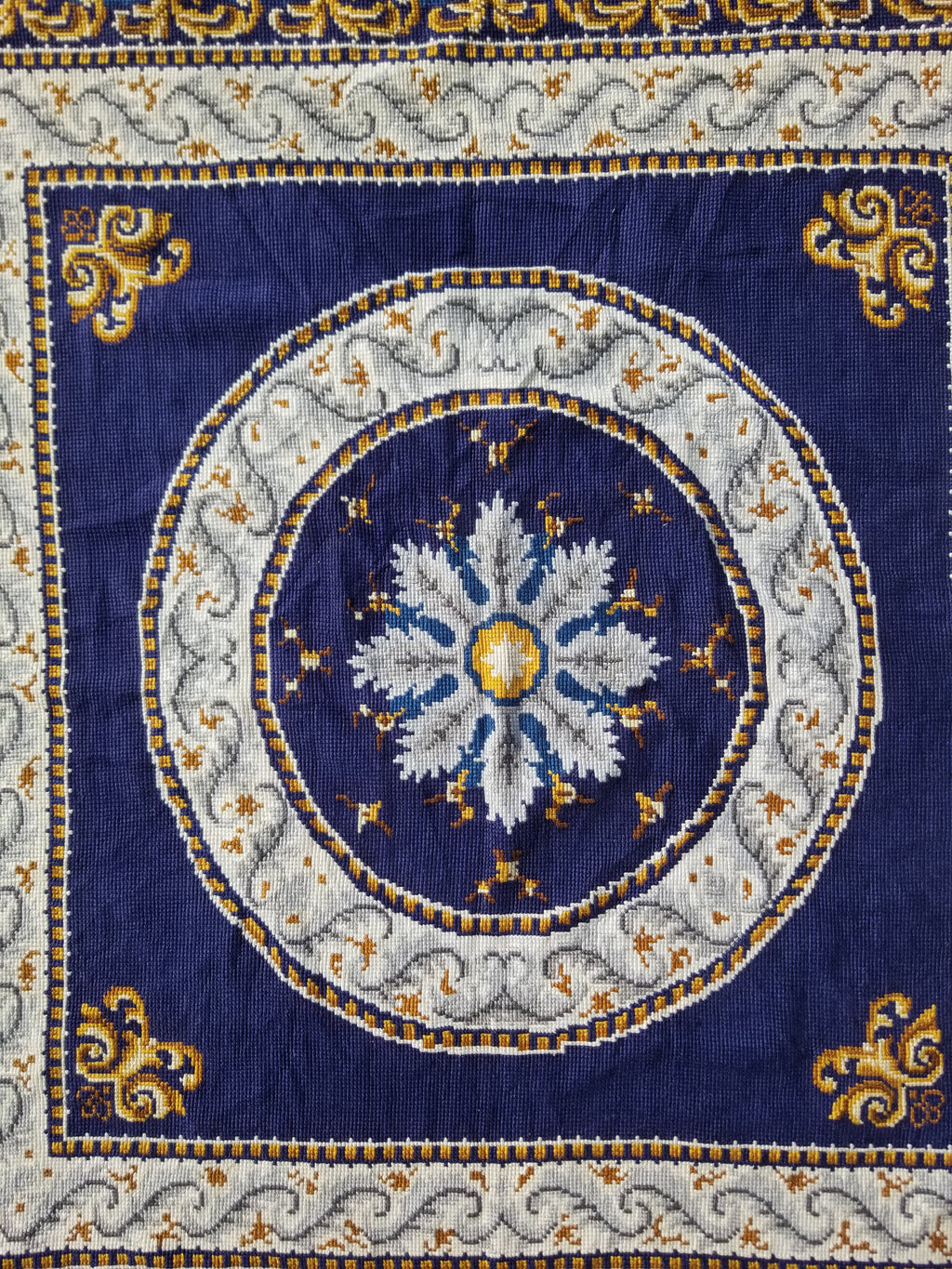 Vintage French Handmade Needlepoint Wool Rug 88x83cm