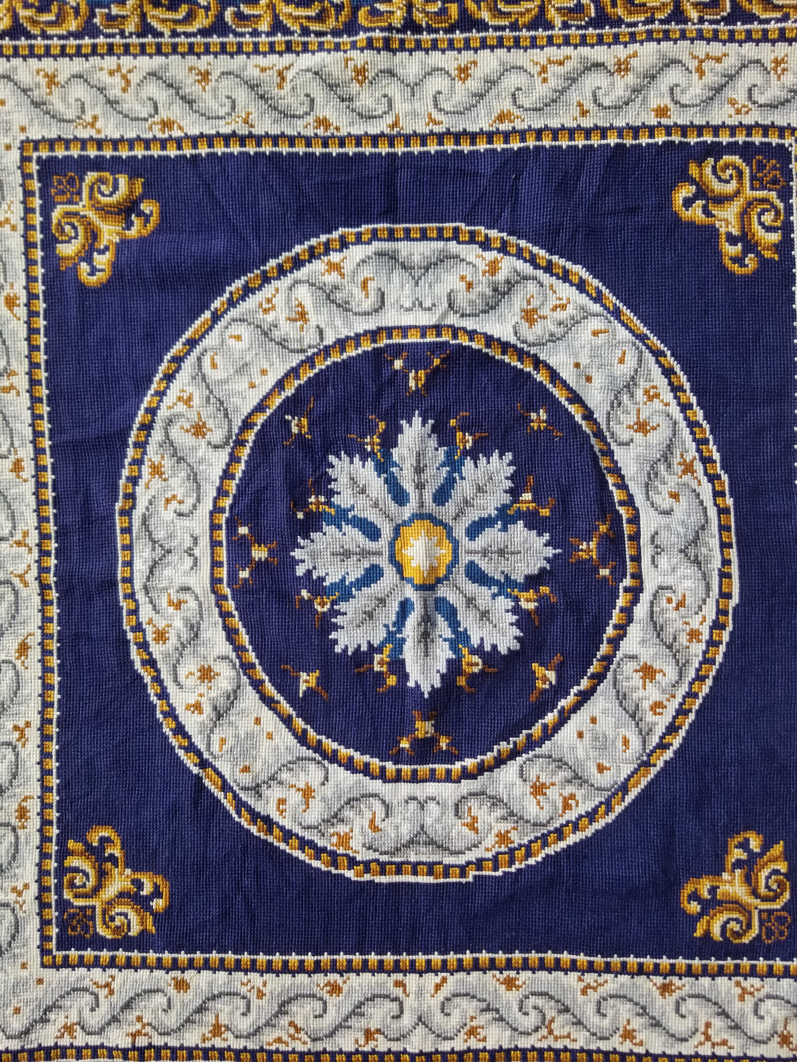 Vintage French Handmade Needlepoint Wool Rug 88x83cm