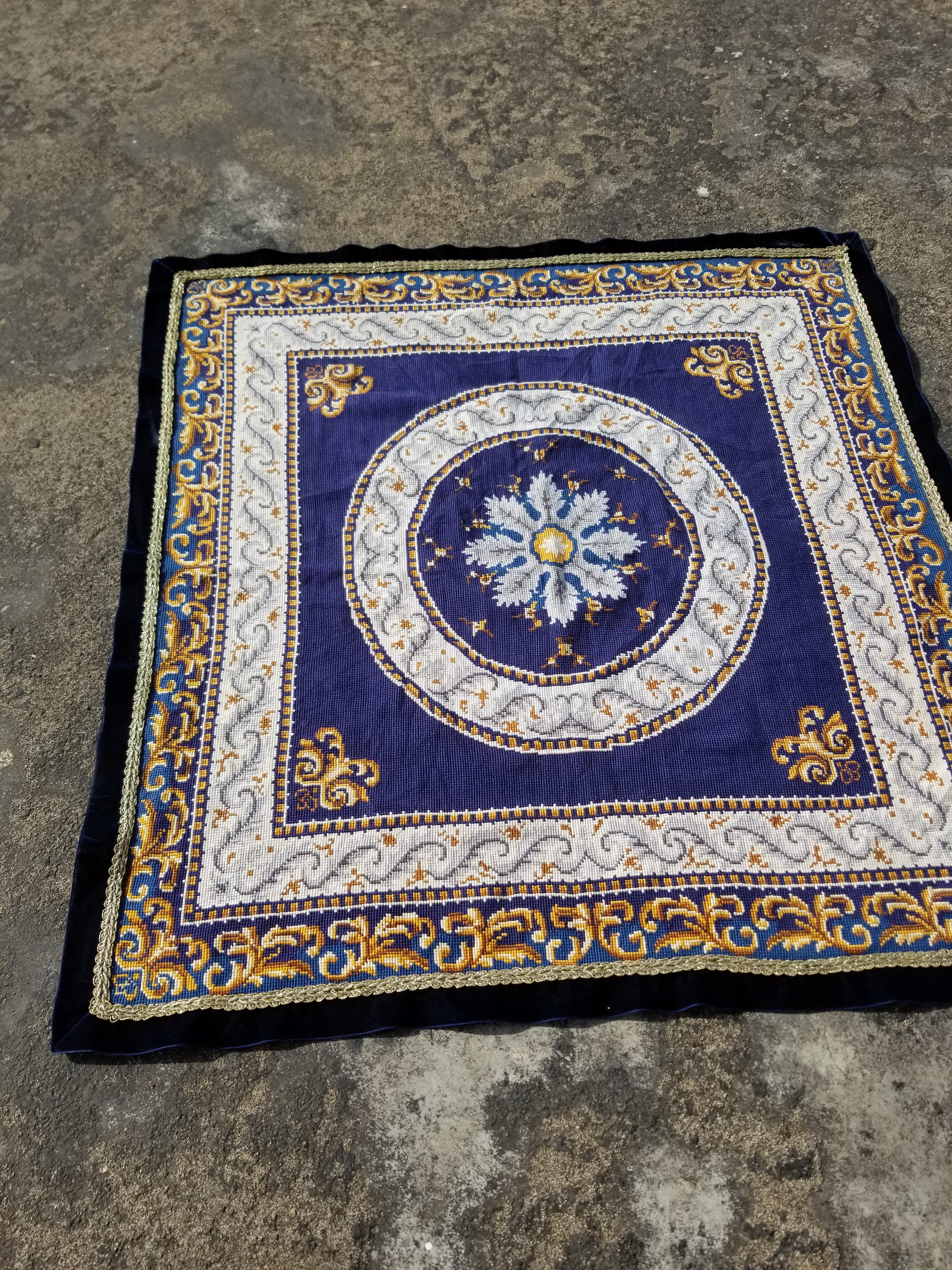 Vintage French Handmade Needlepoint Wool Rug 88x83cm