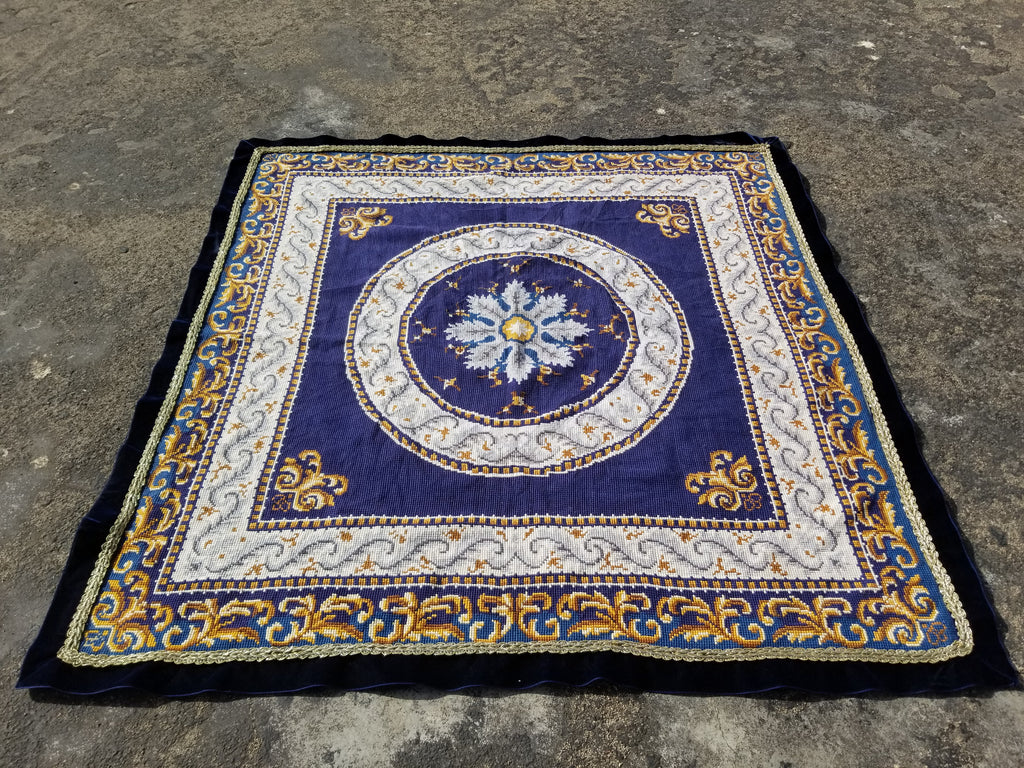 Vintage French Handmade Needlepoint Wool Rug 88x83cm