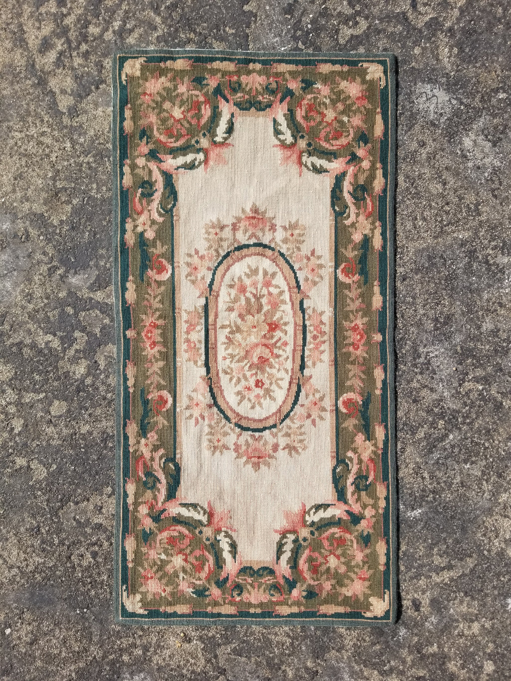 Antique French Aubusson Floral Wool Rug 96x45cm