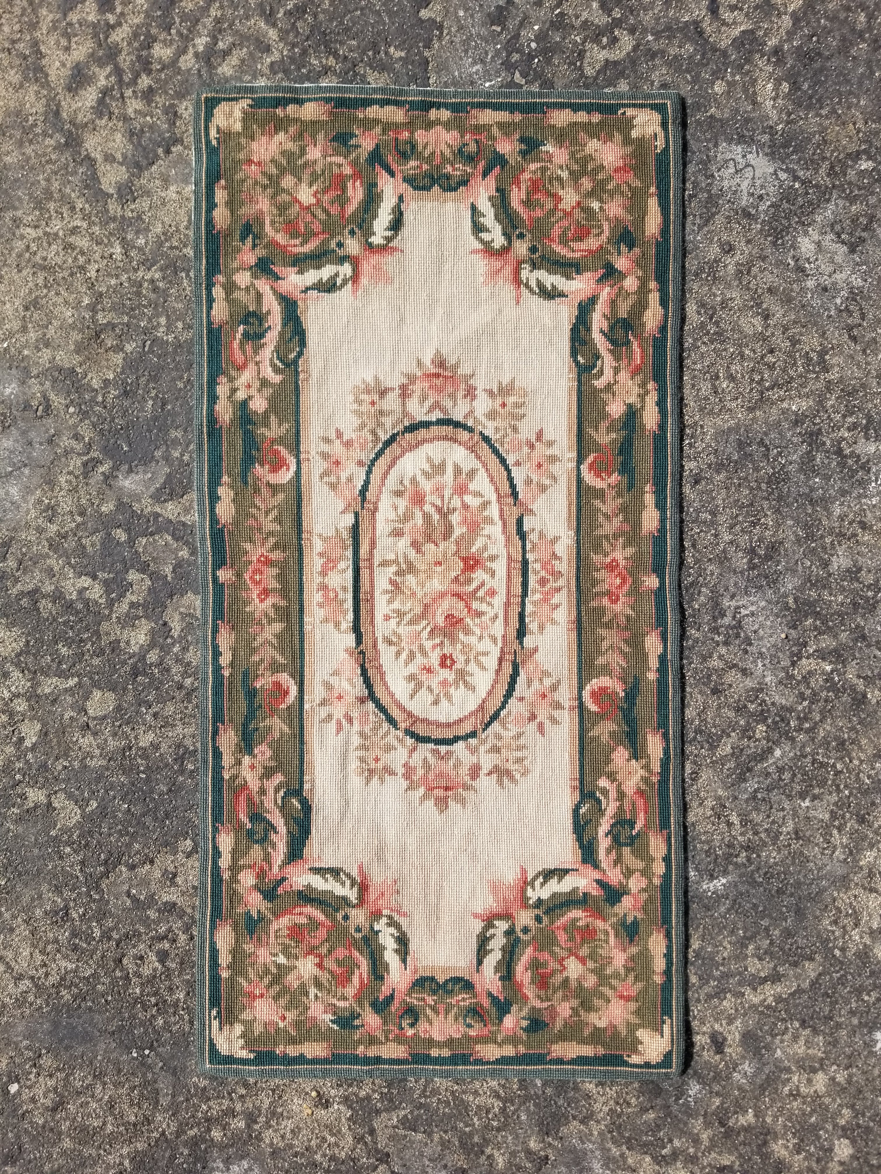 Antique French Aubusson Floral Wool Rug 96x45cm