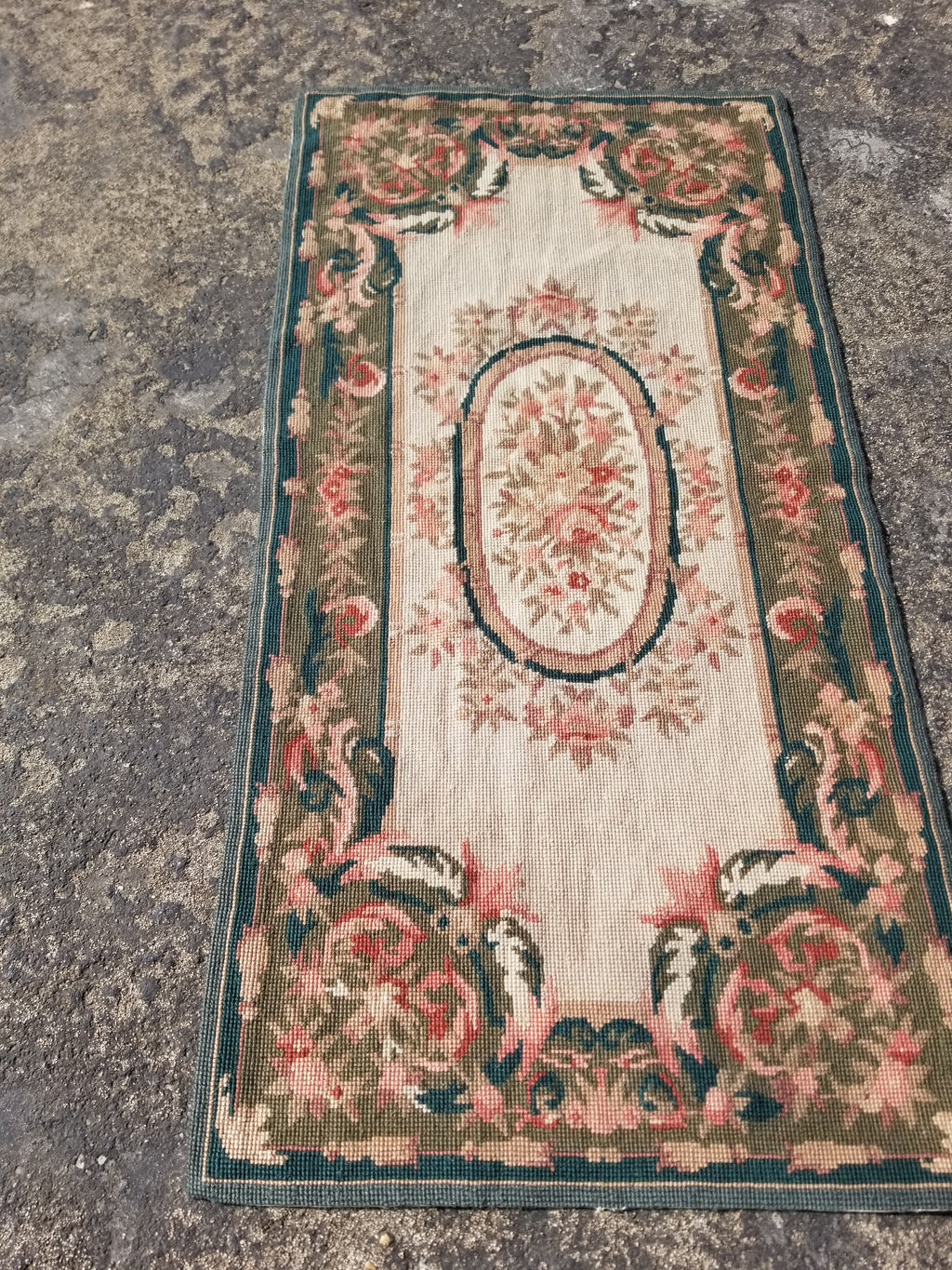 Antique French Aubusson Floral Wool Rug 96x45cm