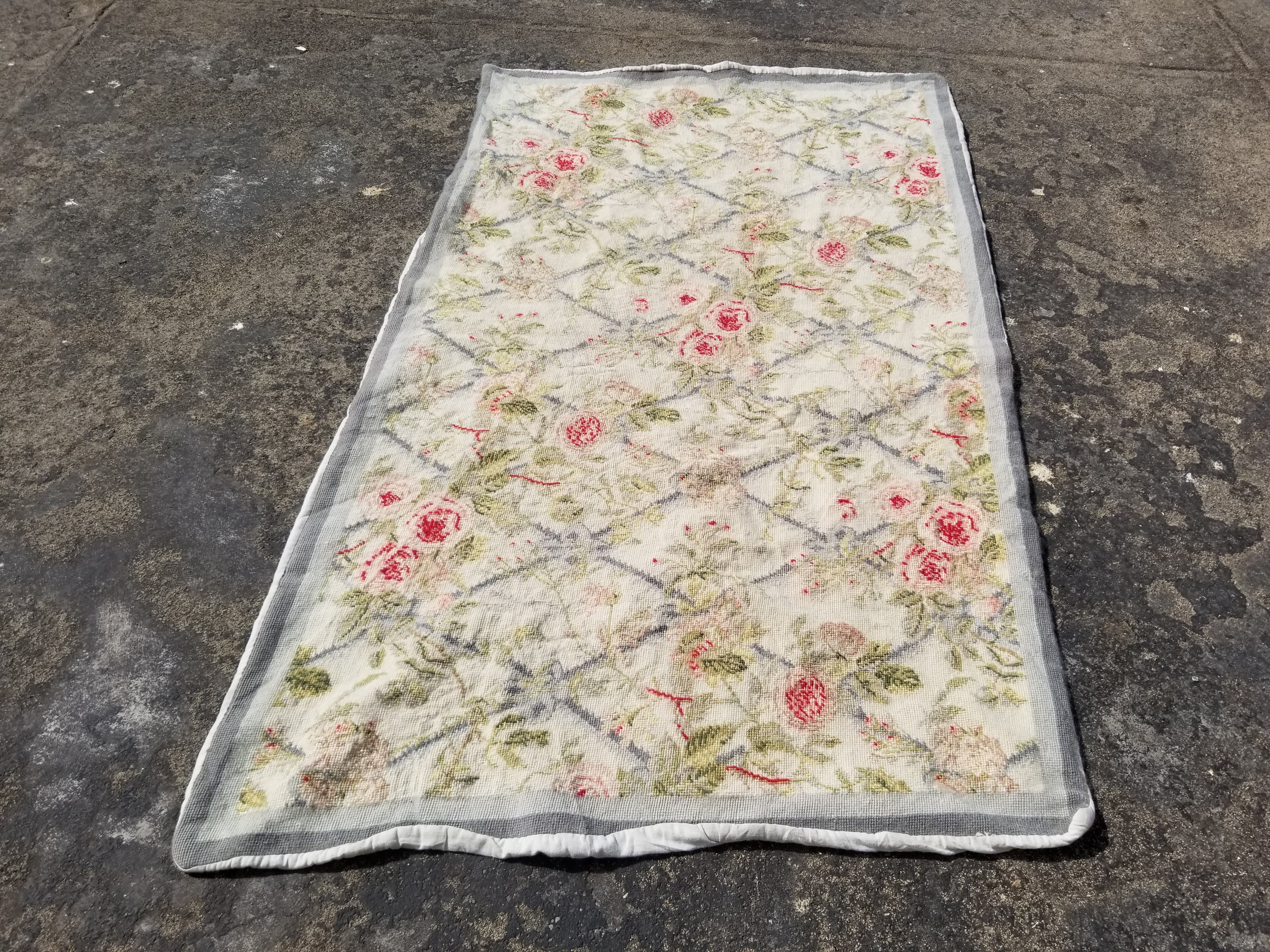 Vintage French Needlepoint Floral Wool Rug 139x81cm