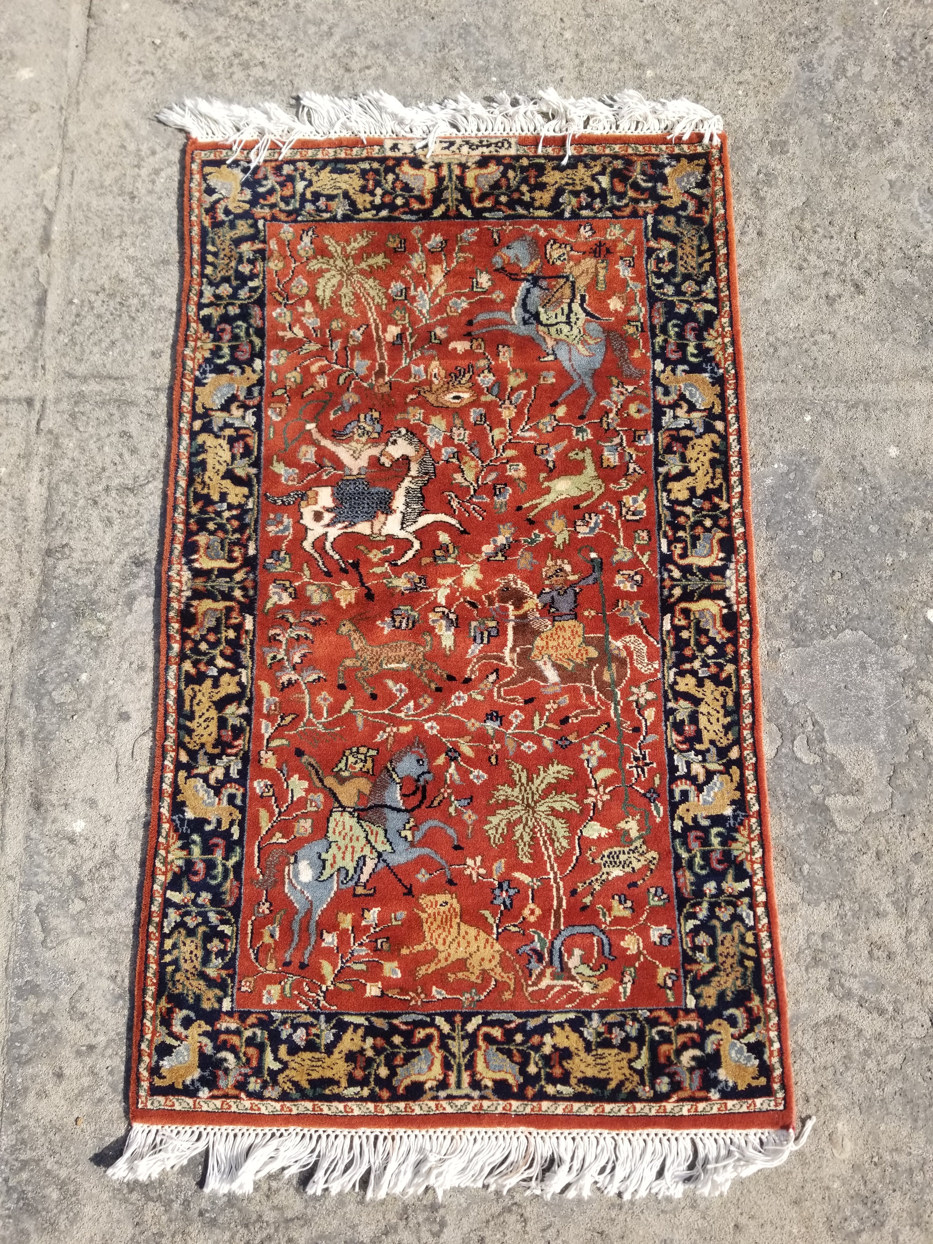 Vintage Traditional Handmade Oriental Hunting Wool Multicolor Rug 129x78cm