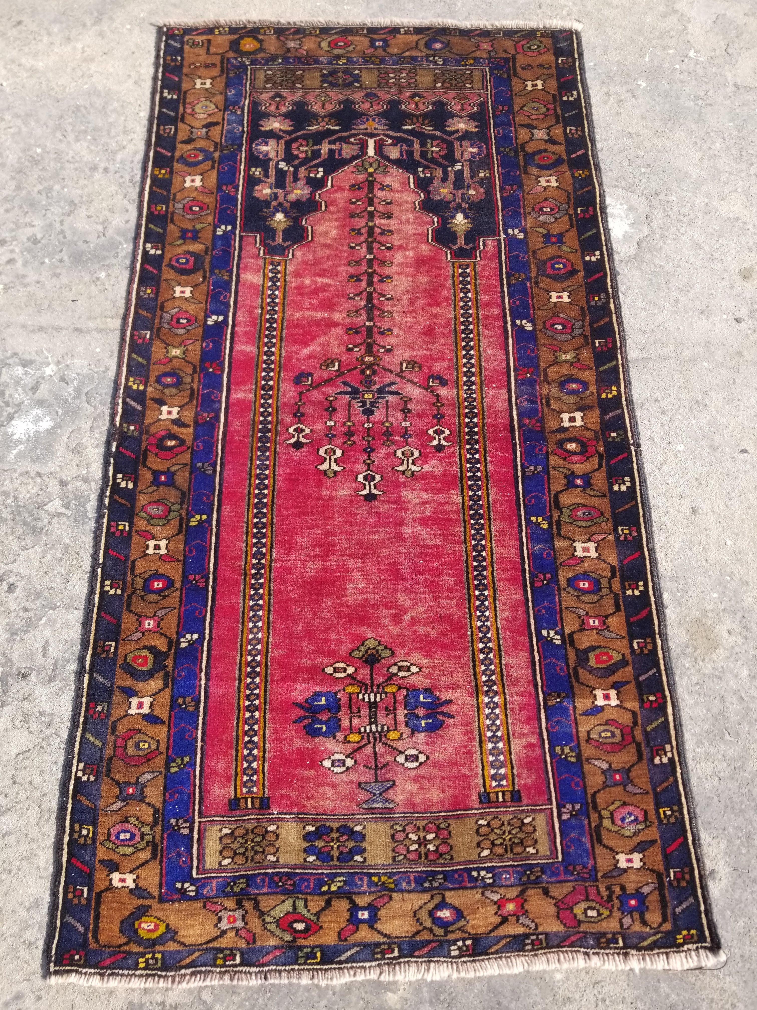 Distressed Vintage Handmade Turkish Anatolian Tribal Wool Prayer Rug 195x104cm