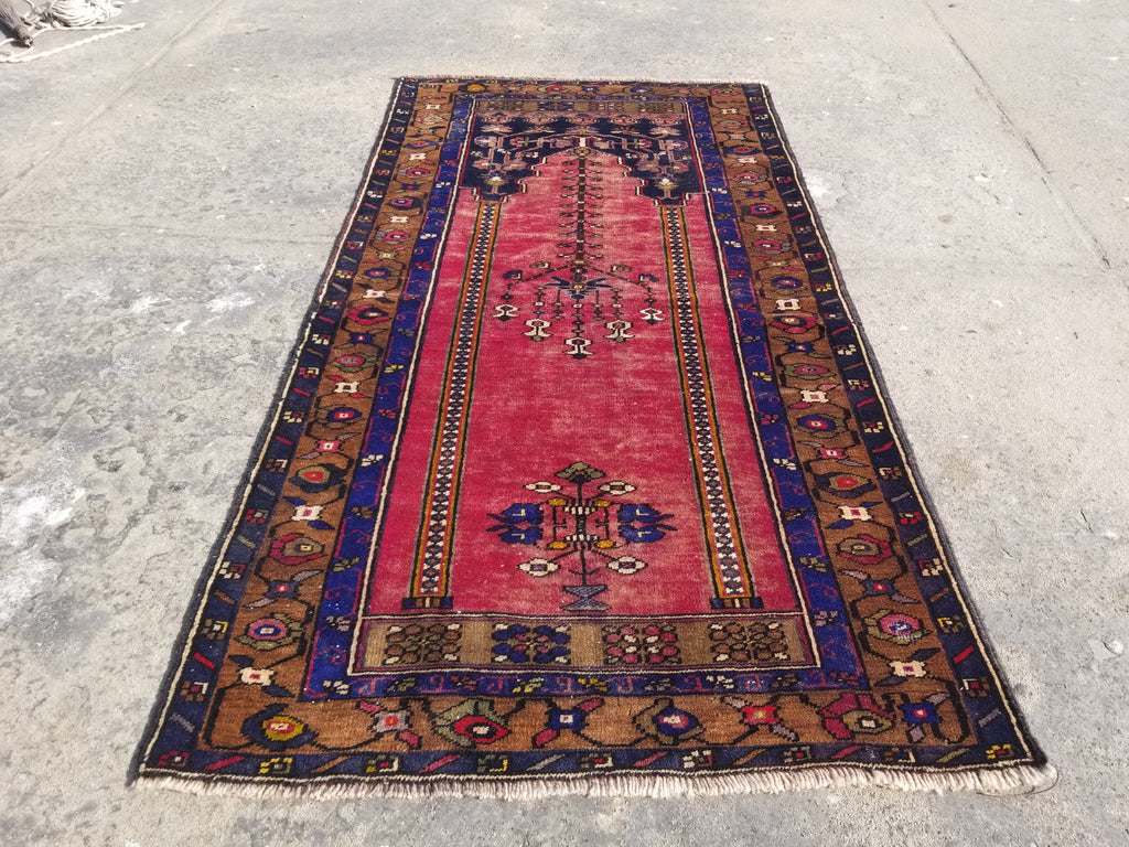 Distressed Vintage Handmade Turkish Anatolian Tribal Wool Prayer Rug 195x104cm